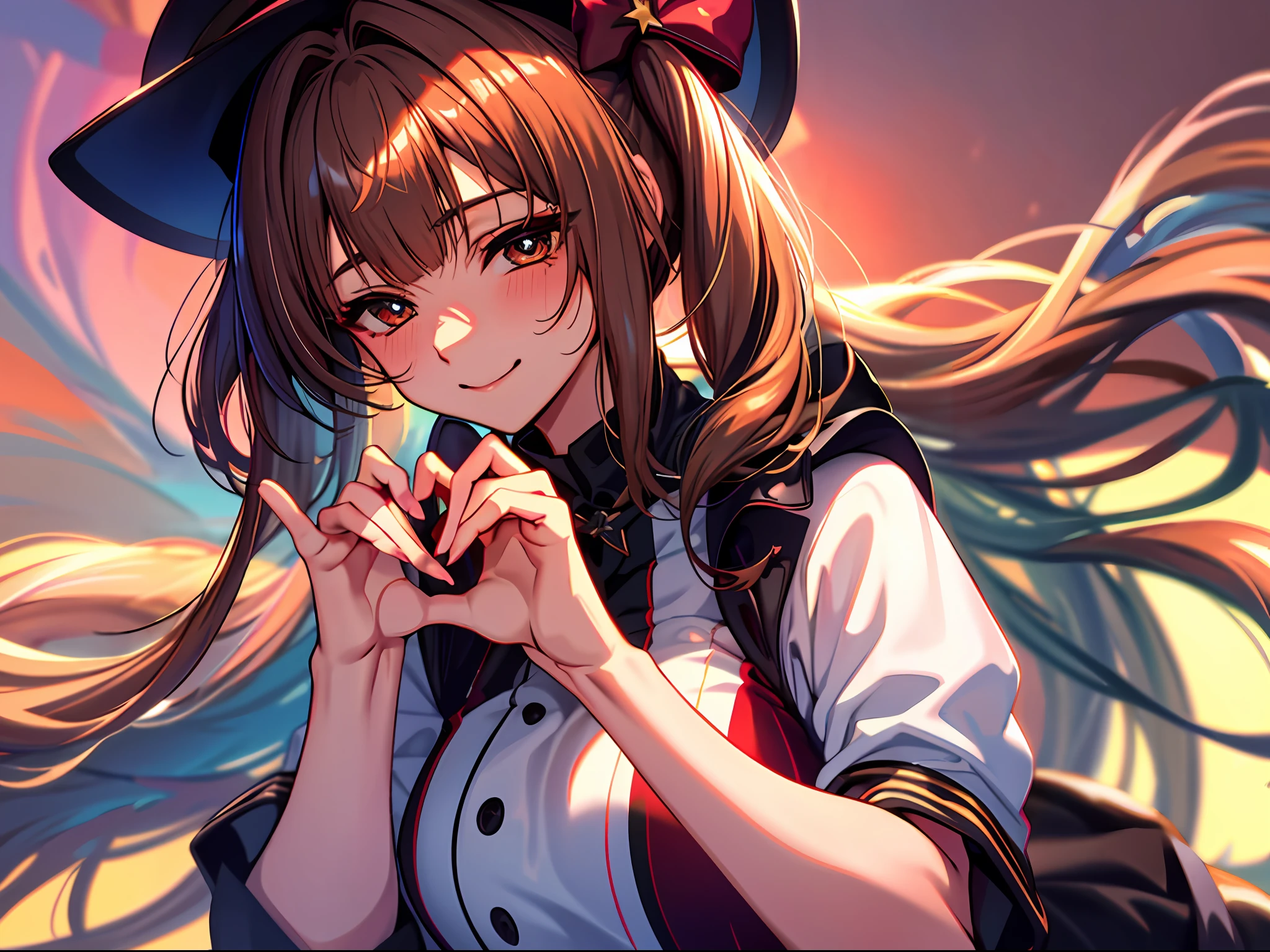 Starry eyes, it looks even more beautiful than immortal, ahoge, hair, star-shaped pupils, amber eyes, colored contact lenses, blush, high detail, anime, romanticism, modern, gothic art, anime style, film lighting, ray tracing, motion lines, first-person perspective, close-up, sony fe gm, uhd, high detail, top quality, 8k, big breasts, Bright brown hair, hat, gym clothes, twin tails, beautiful fingers, well-formed fingers, big smile, making hearts with hands, waiting for a kiss