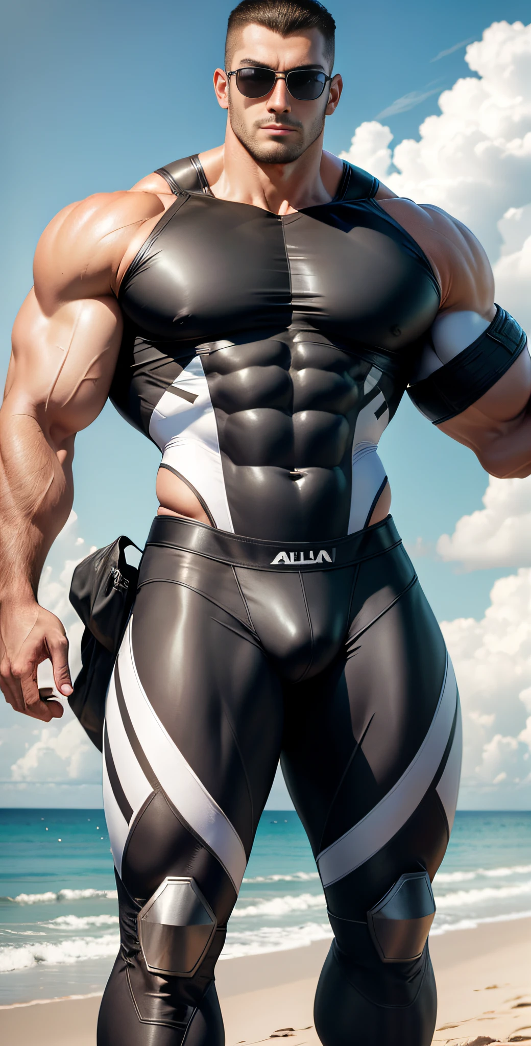 Allad man in white and black clothes standing on the sunny beach, (back to the camera), American round head, Buzz cut, hips, tall and burly, muscular male hero, heroic male pose, muscular! Wearing black sunglasses, spandex tight high elastic bodysuit, symmetrical floral design, super buff and cool, high resolution committee, character design police, black military boots, attractive strong male with spandex tight high elastic bodysuit, weaving hot sunlight on the body