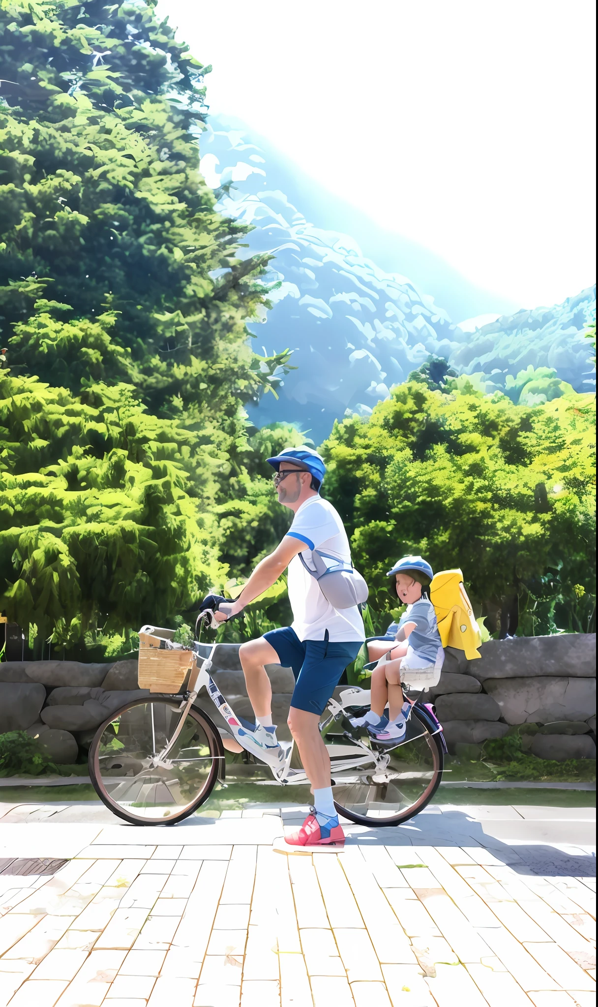there is a man riding a bike with a child on it, riding a bike, cycling!!, on a sunny day, 🚿🗝📝, japan rural travel, in karuizawa, family, bicycle, with a ???, beginner, in a sunny day, shot on leica sl2, with a park in the background, sun is shining