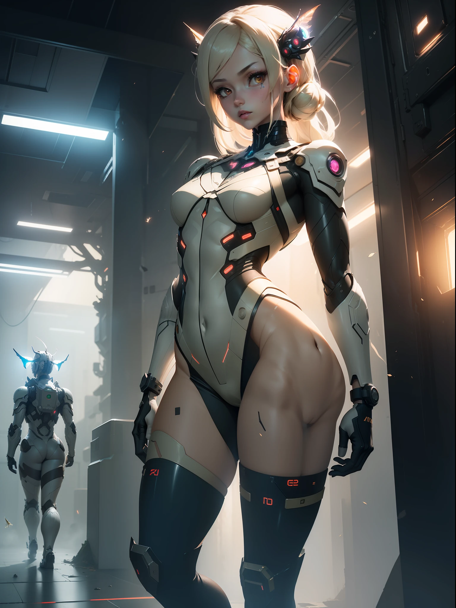 ((Best quality)), ((masterpiece)), (detailed: 1.4), (Absurd), paper, colorful line art, perfect face, skinny mechanical girl doing maintenance on a robot, shiny, sweaty tanned skin, defined muscular sculptural body, (((full body))), half-thick bare thighs, closed mouth, muscular body persimmon fabric mechanics overalls open to the navel, generous neckline, ((perfect small breasts)), (((totally khaki clothing)),  (((ivory hair with moth)))), long eyelashes and black heavy makeup, (((niji style --V5)))), near real, psychopathic, crazy face, sexy pose, technological background giant robot repair station, jaggers, 2 piece clothing, centralized, scale to fit dimensions, HDR (High Dynamic Range),Ray Tracing,NVIDIA RTX,Super-Resolution,Unreal 5,Subsurface dispersion, PBR texture, Post-processing,  Anisotropic filtering, Depth of field, Maximum clarity and sharpness, Multilayer textures, Albedo and specular maps, Surface shading, Accurate simulation of light-material interaction, Perfect proportions, Octane Render, Two-tone lighting, Wide aperture, Low ISO, White balance, Rule of thirds, 8K RAW, crysisnanosuit