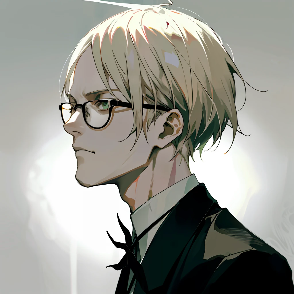 Decim (Death Parade), 1 man, 35-year-old,(black bristle), man wearing glasses,dresses in a formal and restrained style, a black jacket,white shirt, a professional look,dark-blond hair,short hairstyle, green eyes, tired look, closeup face, profile picture,