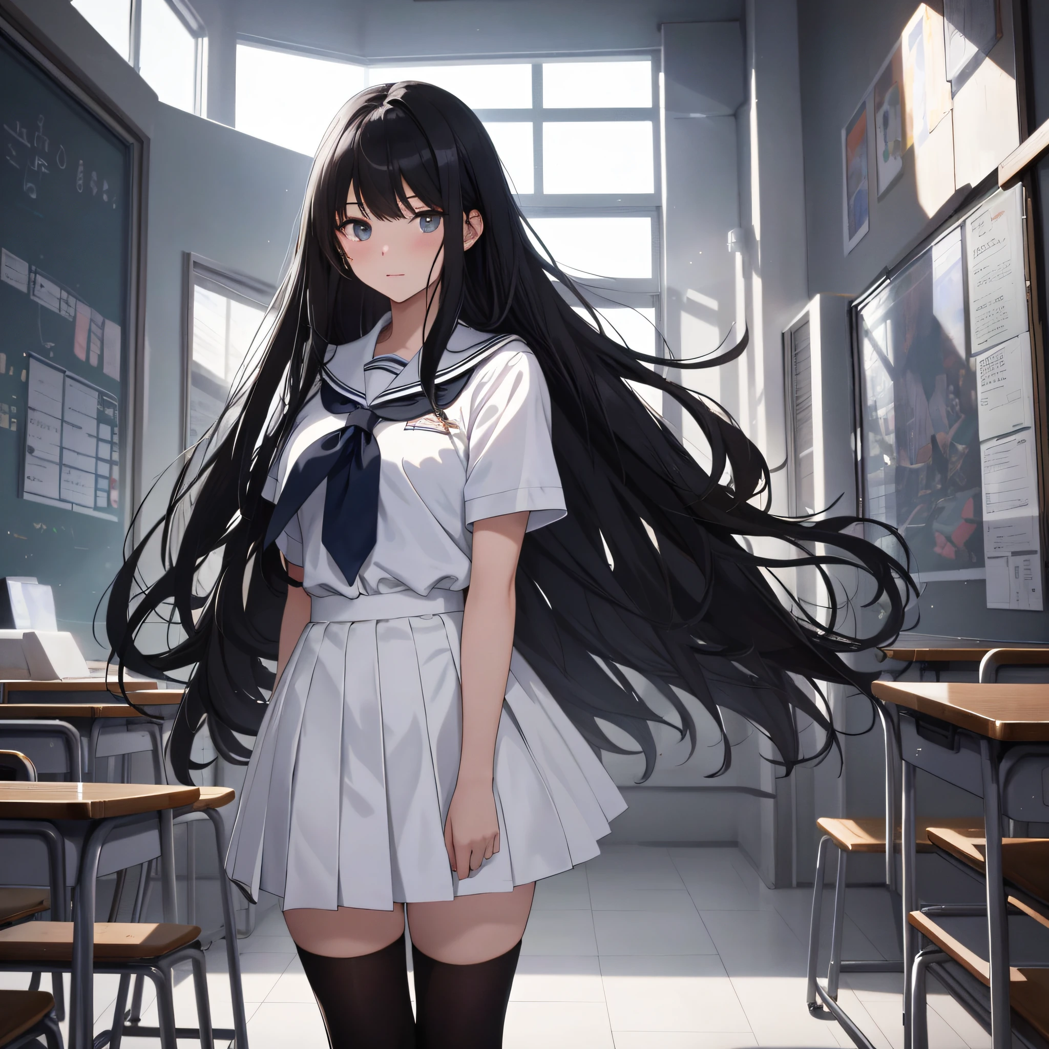 An eighteen-year-old girl in a white school uniform with long black hair stands in the school (school 1.5 in the background) (expression serious 1.5) (best quality: 1.1) (masterpiece: 1.3) with unparalleled masterpiece, surreal 8K, perfect artwork, super detail, best quality, masterpiece 4K wallpaper aesthetics, masterpiece, award-winning artwork, official art, cinematic lighting