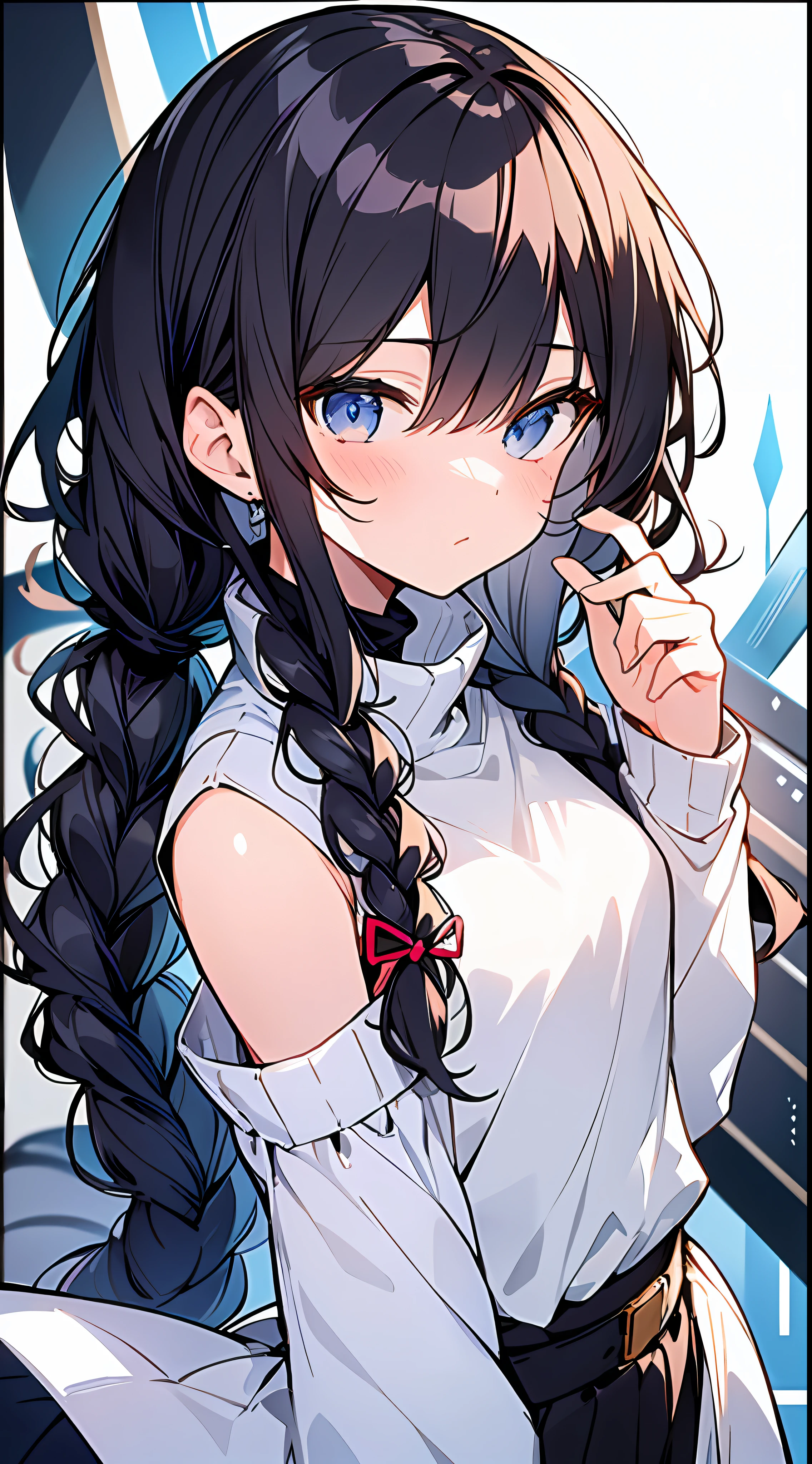 Top Quality, Masterpiece, Ultra High Resolution, 8k, Small Loli in Anime Style with White Turtleneck and White Mini Skirt, One Person, Ultra Detailed Line Art, Digital Enhancement, Anime Core, Flowing Fabric, Close Up, Hair Length to Shoulder and Short Braid, Soft Drawing, Hair Fluttering in the Wind, Beautiful Black Hair, Front Angle, Patchy Eyes, Clear Eyes, Looks Really Really weak、maximalism