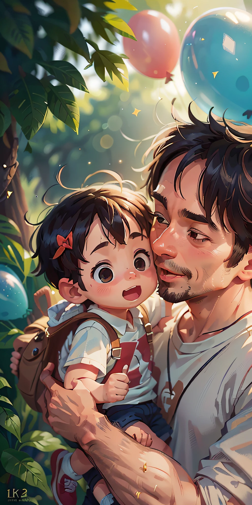 sfw), father and child, father, 5 year old boy, zoo, holding balloons, happy, happy, perfect quality, clear focus (clutter - home: 0.8), (masterpiece: 1.2) (realistic: 1.2) (bokeh) (best quality) (detailed skin: 1.3) (intricate details) (8K) (detail eyes) (sharp focus), (happy)