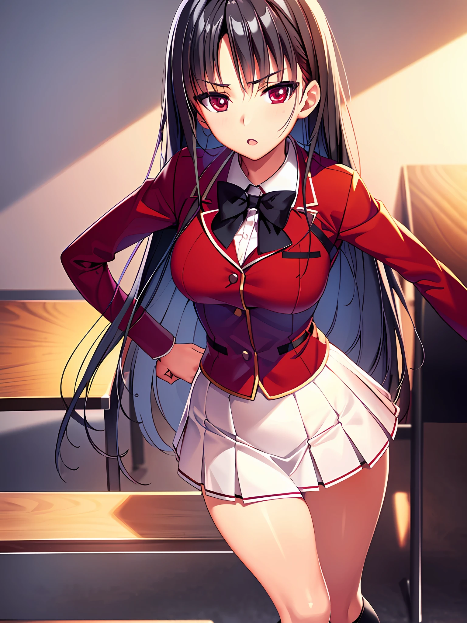 a woman in red school uniform,black hair, red eyes, classroom
masterpeace, best quality, (extremely detailed CG:1.4), highly detailed faces