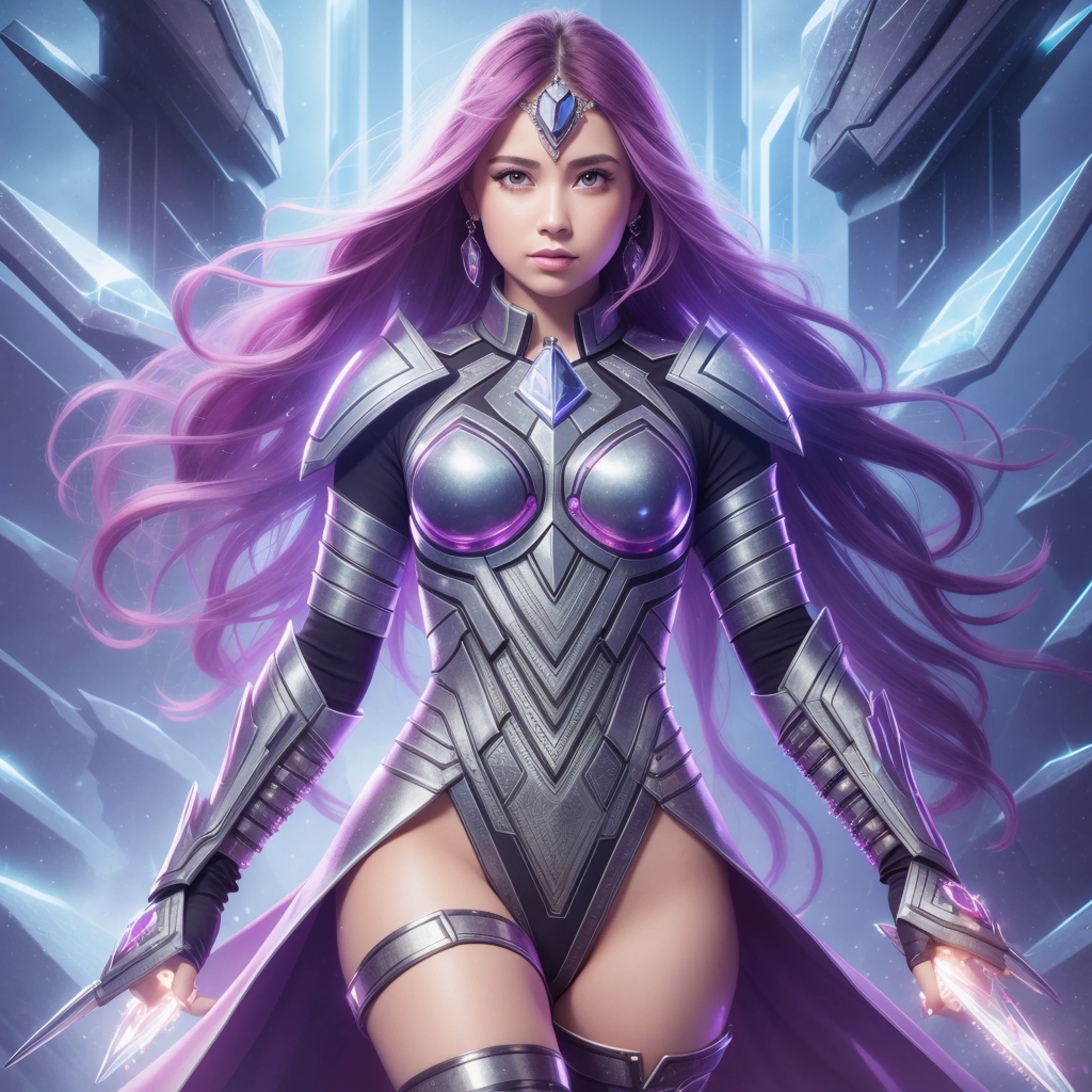 girl, with futuristic clothing, crystals, gauntlet on one arm large, photorealistic, professional portrait