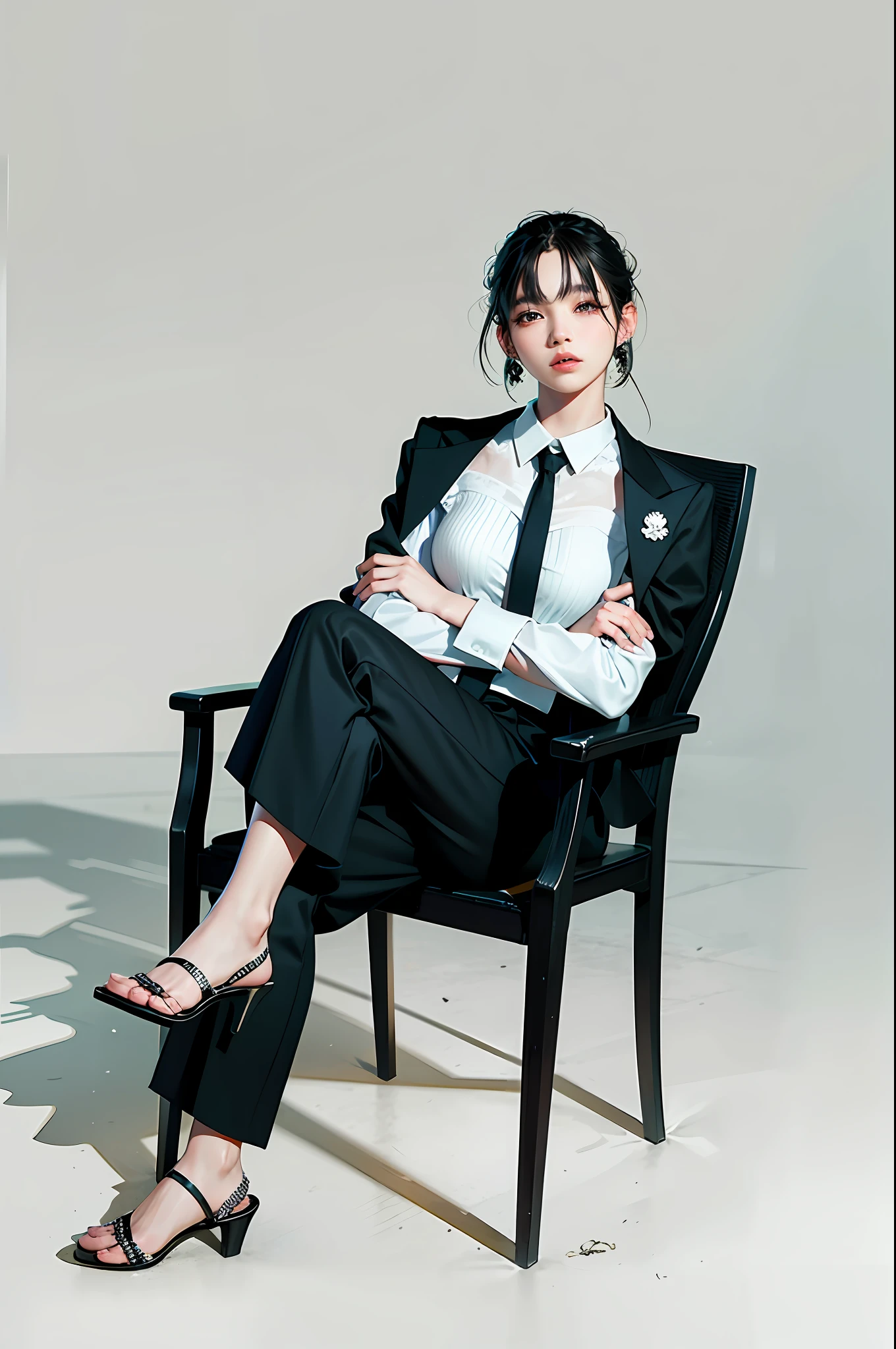 araffe woman sitting in a chair with her arms crossed, bae suzy, lee ji - eun, lee ji-eun, jinyoung shin, heonhwa choe, korean women's fashion model, wearing black business suit, jaeyeon nam, wearing business suit, full body xianxia, cai xukun, wearing causal black suits, seseon yoon