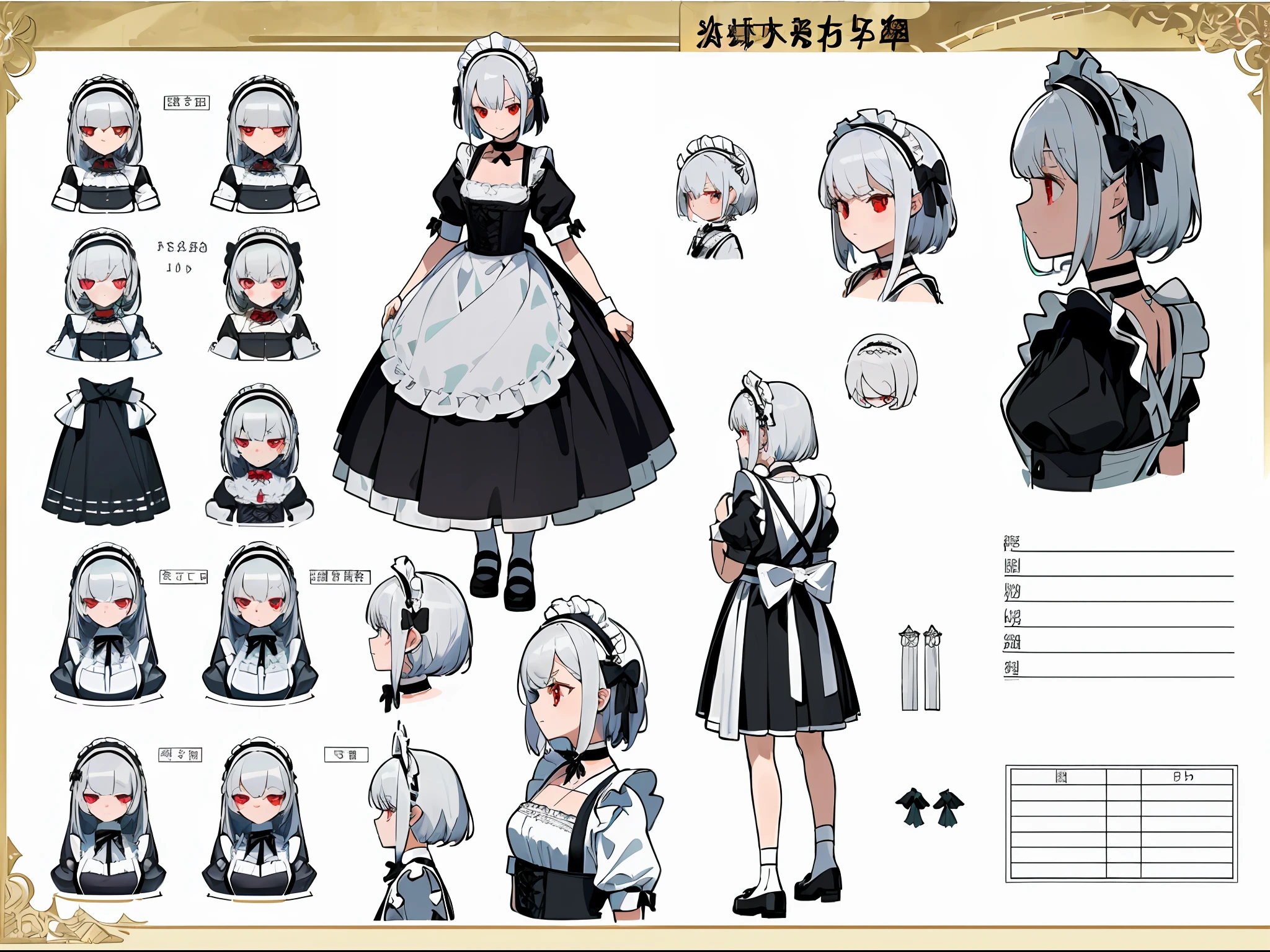 (Masterpiece, best quality) detailed, character sheet, character sheet, many items (same character, maid headdress, maid apron, lace choker, bow, decoration, many parts), maid, red eyes, cute, white hair, bangs, full of details, multiple poss and expressions, highly detailed, depth, many parts