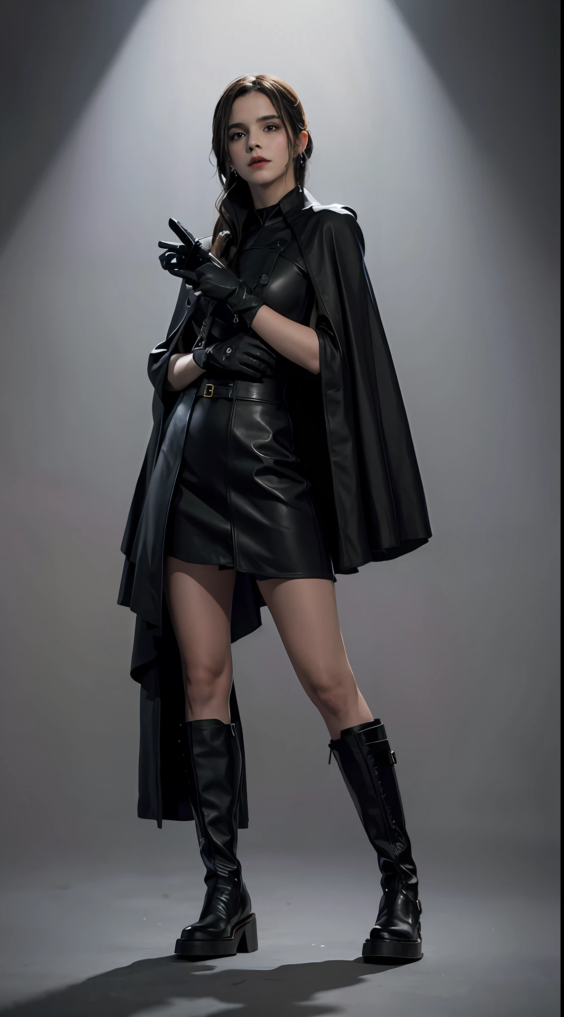 there is a woman in a black cape and boots posing for a picture, leather boots and cape, wearing black clothes and cape, with cape, emma watson as black canary, with a long black cape, wearing in black cloak, full body xianxia, black cape, in black uniform, a black cloak, bayonetta, black cloak from neck to ankles