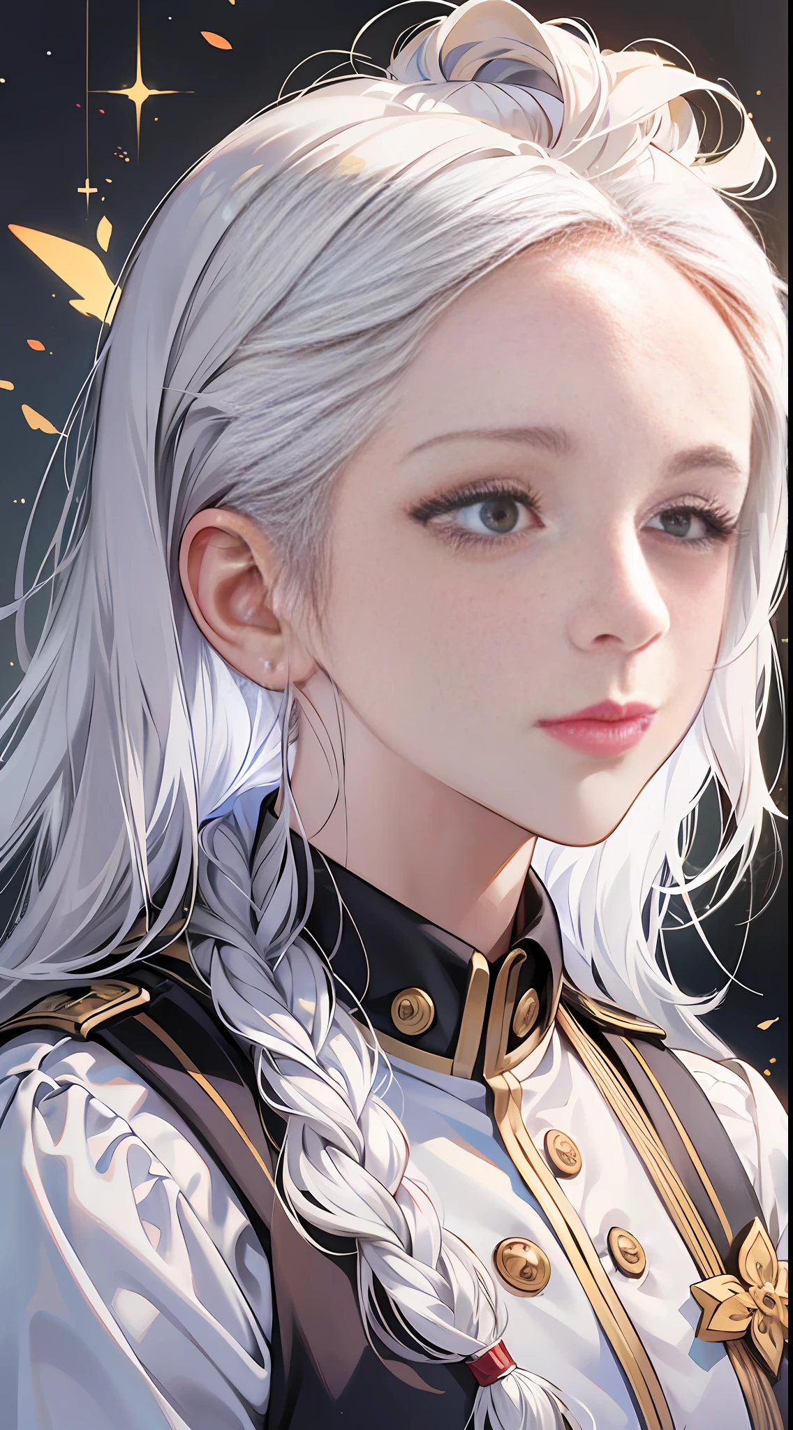 Excellent, masterpiece, white hair, golden eyes, white clothes, looking up, upper body, hair, fair skin, side braids, white hair schoolgirl, school uniform, at school, mischievous pose, masterpiece, ultra-clear, bust, serenity and divinity. Best quality, high resolution, masterpiece, best detail, 8k, close-up, to create a simple and unique image, .create art that touches the heart and inspires a deep spiritual connection --auto --s2
