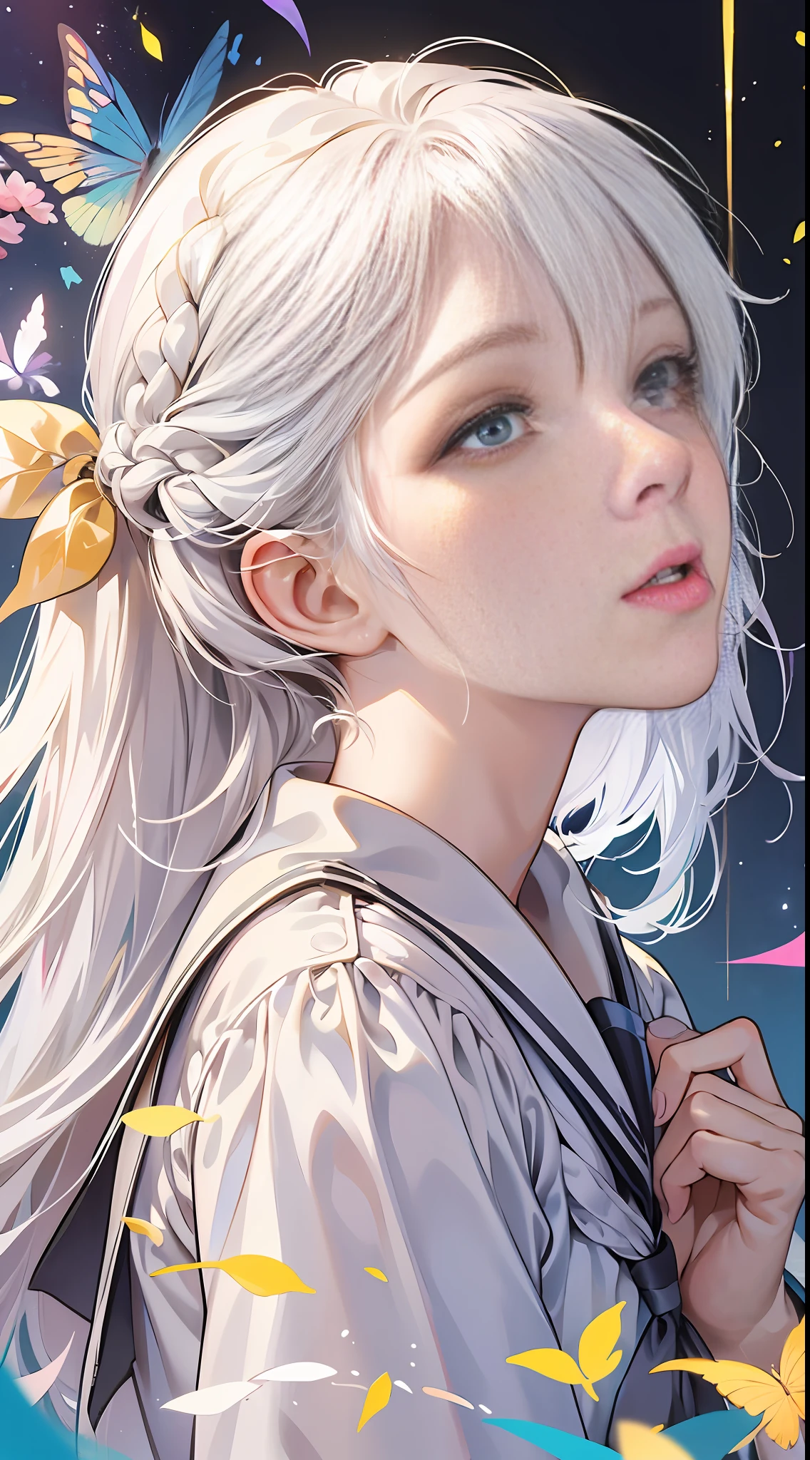 Excellent, masterpiece, white hair, golden eyes, white clothes, looking up, upper body, hair, fair skin, side braids, white hair schoolgirl, school uniform, at school, mischievous pose, masterpiece, ultra-clear, bust, serenity and divinity. Best quality, high resolution, masterpiece, best detail, 8k, close-up, to create a simple and unique image, .create art that touches the heart and inspires a deep spiritual connection --auto --s2