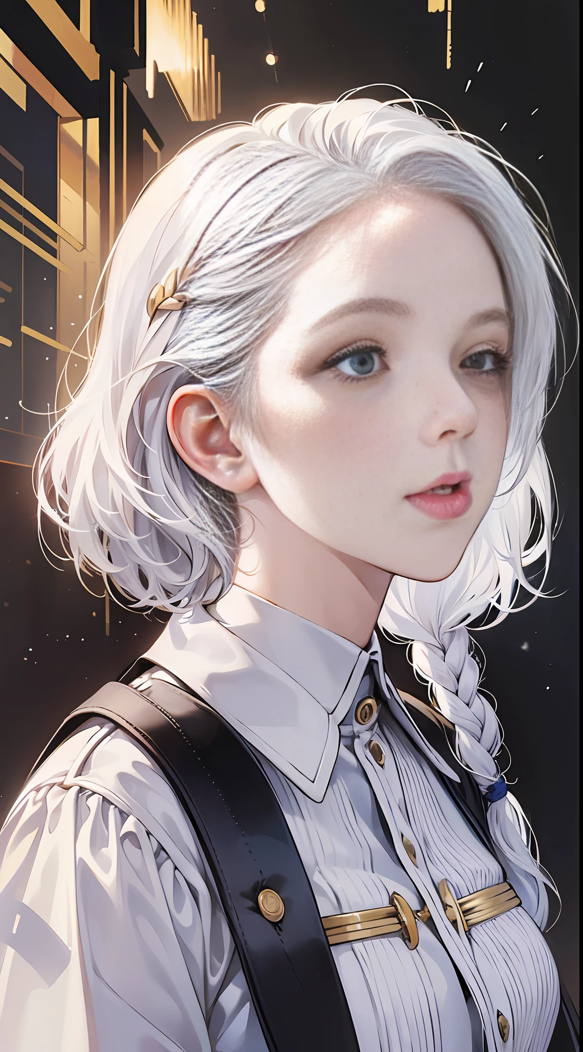 Excellent, masterpiece, white hair, golden eyes, white clothes, looking up, upper body, hair, fair skin, side braids, white hair schoolgirl, school uniform, at school, mischievous pose, masterpiece, ultra-clear, bust, serenity and divinity. Best quality, high resolution, masterpiece, best detail, 8k, close-up, to create a simple and unique image, .create art that touches the heart and inspires a deep spiritual connection --auto --s2