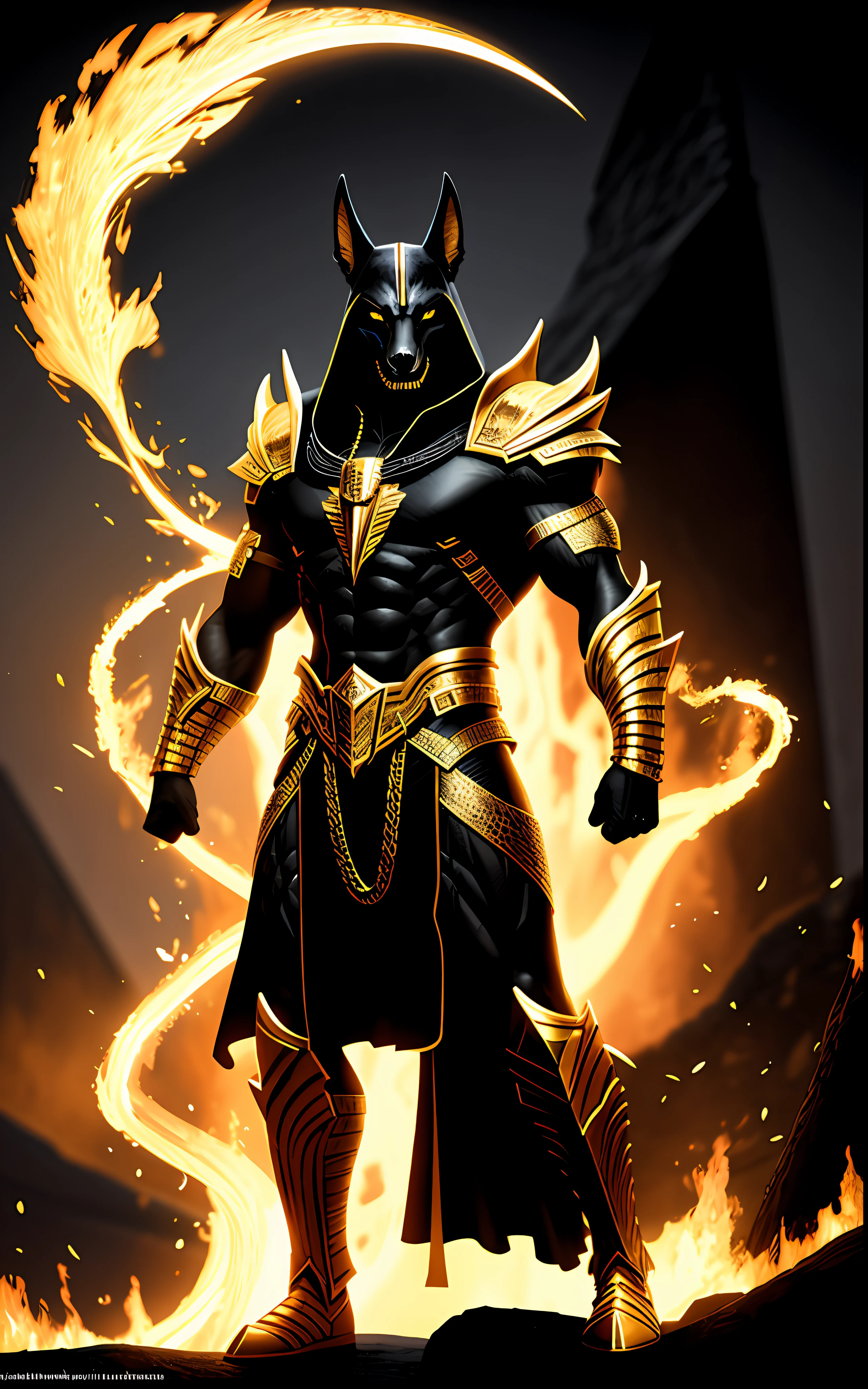 (high quality), photorealistic, (oil painting) jewelry, (solo), (dynamic pose), towards right, ((hell gate)), fire, hell landscape, (the underworld), (dark landscape), anubis, egyptian jackal headed god, anthro, muscular, (holding golden scales), dynamic pose, cinematic, dramatic camera angle, golden armor:0.25, black & gold cape, (good anatomy), (good proportions), award winning, masterpiece, centered,