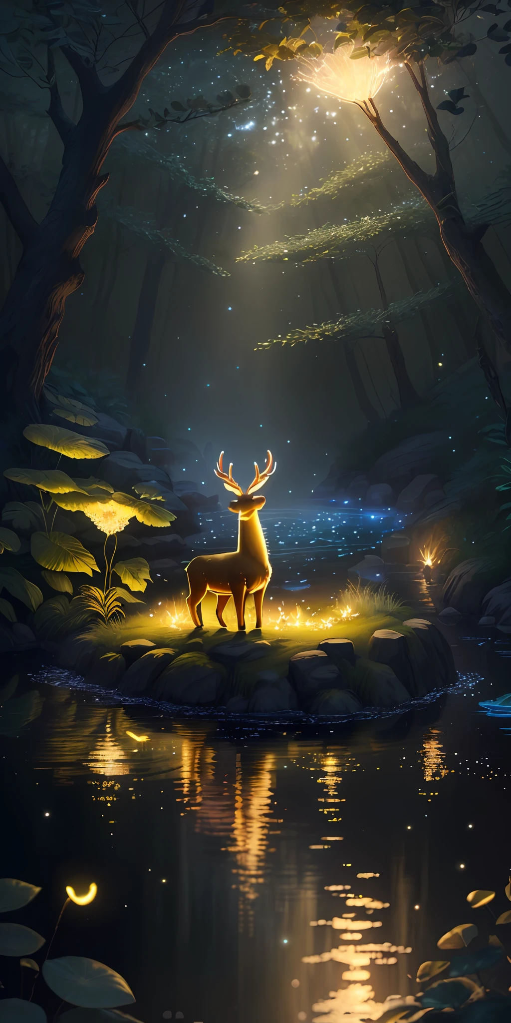 Masterpiece, best quality, (very detailed CG unified 8k wallpaper), (best quality), (best illustration), (best shadow), glowing elf, with a glowing bighorn deer, drinking water in the pool, natural elements in forest theme. Mysterious forest, beautiful forest, nature, surrounded by flowers, delicate leaves and branches surrounded by fireflies (natural elements), (jungle theme), (leaves), (branches), (fireflies), (particle effects) and other 3D, Octane rendering, ray tracing, super detailed
