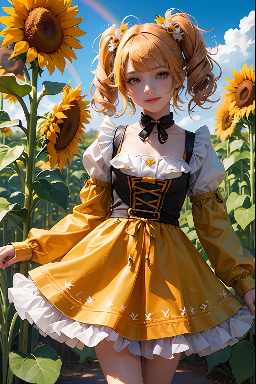 ((best quality, photo realistic:1.4, masterpiece)),a very cute and beautiful girl, simple flat background, full body, standing, highly detailed face and eyes, clearly outlined, solo, (shiny sun lighting),(sunflower and rainbow background),hair ornament, (dirndl costume),(Grinning ear to ear), (ahoge), (yellow and orange two-tone medium twin-tail hair), look at viewer