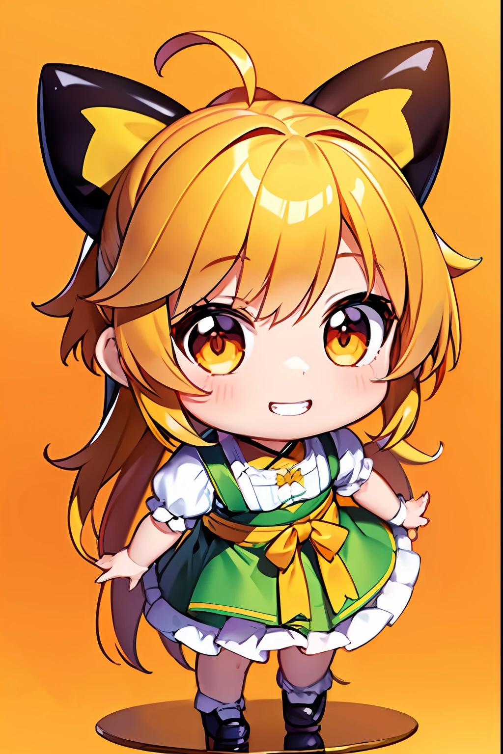 ((best quality, photo realistic:1.4, masterpiece)),a very cute and beautiful chibi anime girl, simple flat background, full body, standing, highly detailed face and eyes, clearly outlined, solo, (shiny sun lighting),(sunflower and rainbow background), (dirndl costume),(Grinning ear to ear), (ahoge), (yellow and orange two-tone medium twin-tail hair), look at viewer