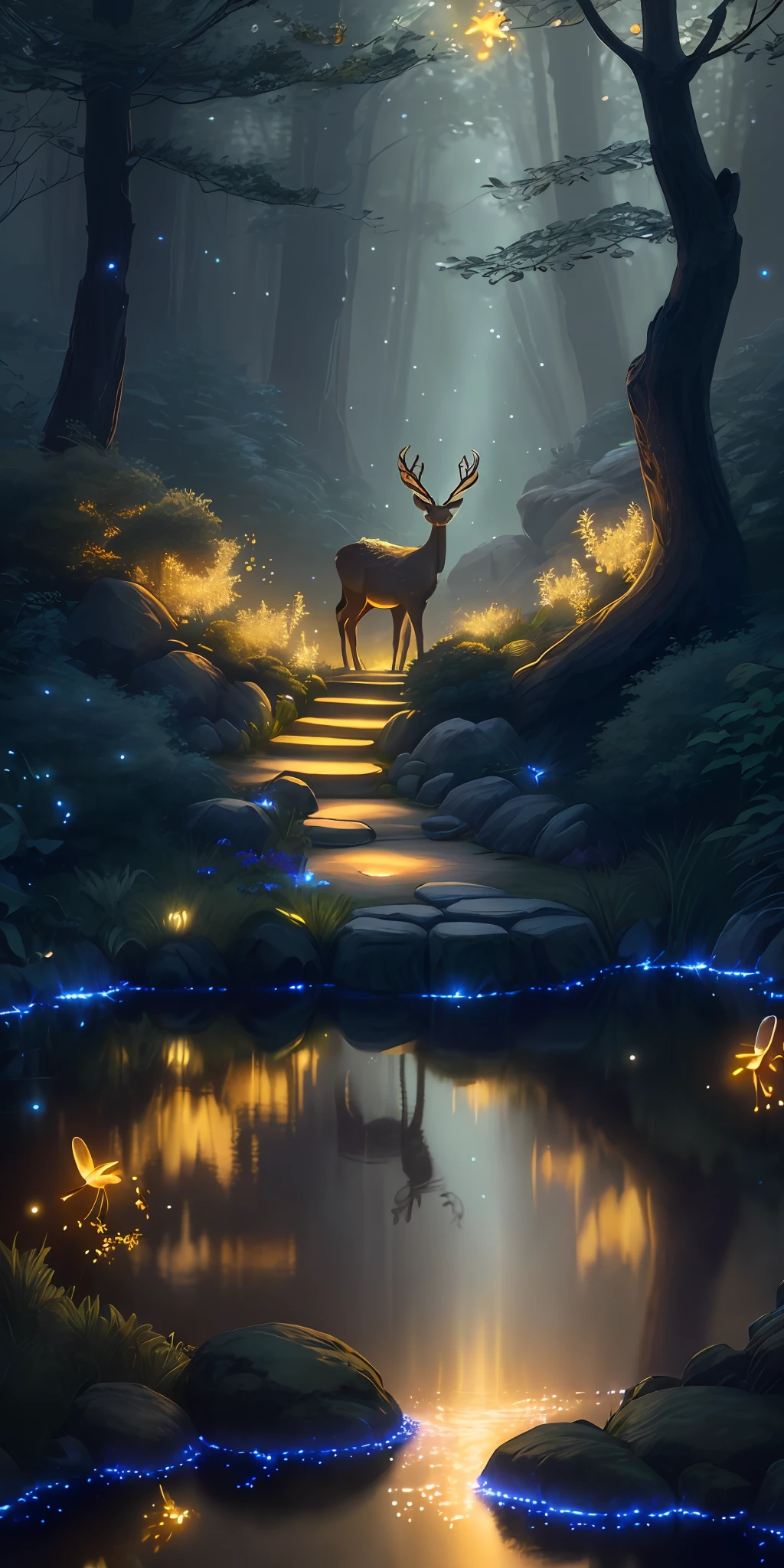 Masterpiece, best quality, (very detailed CG unified 8k wallpaper), (best quality), (best illustration), (best shadow), glowing elf, with a glowing bighorn deer, drinking water in the pool, natural elements in forest theme. Mysterious forest, beautiful forest, nature, surrounded by flowers, delicate leaves and branches surrounded by fireflies (natural elements), (jungle theme), (leaves), (branches), (fireflies), (particle effects) and other 3D, Octane rendering, ray tracing, super detailed