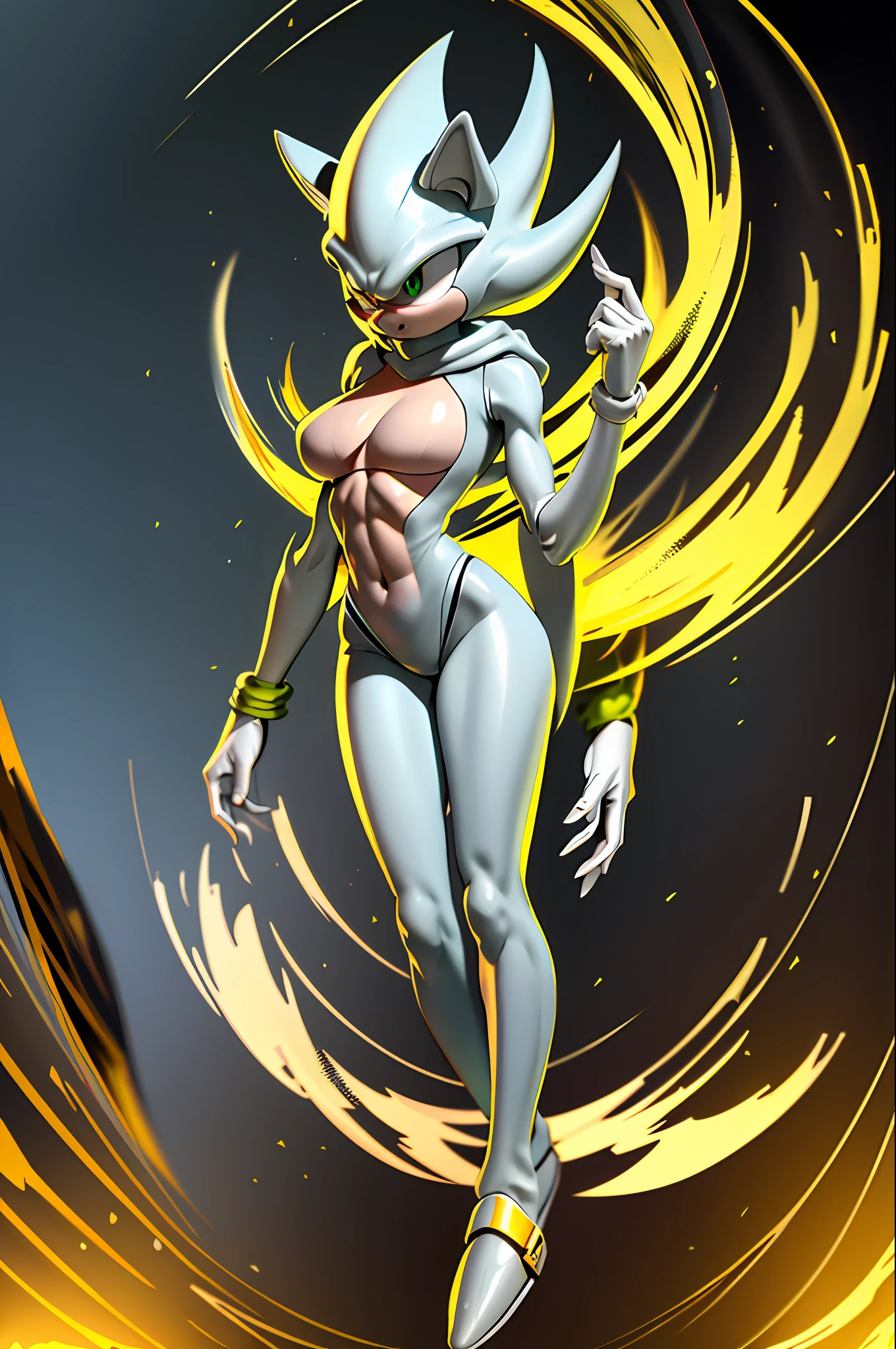Highly detailed, high quality, masterpiece, beautiful, Base1SuperSonic, full body grey, eyesgreen, female, large breasts