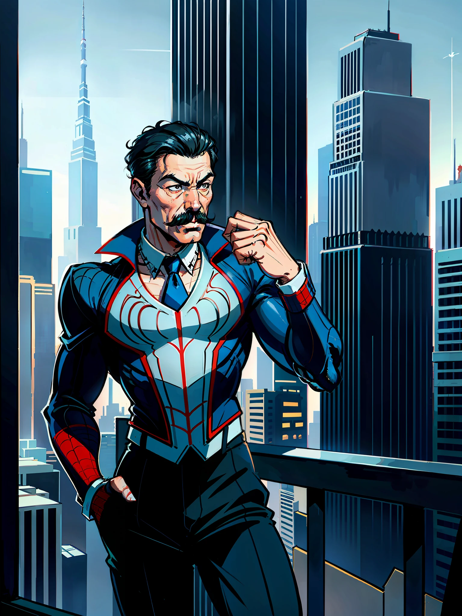 Beautifully illustrated scene of Spider-Man standing in an iconic skyscraper, showing face, mustache, wearing suit contemplating the breathtaking beauty of the modern and polished city below. A remarkable, stylized portrayal of a nefarious villain. by J. Scott Campbell and Jim Lee highly detailed and dynamic