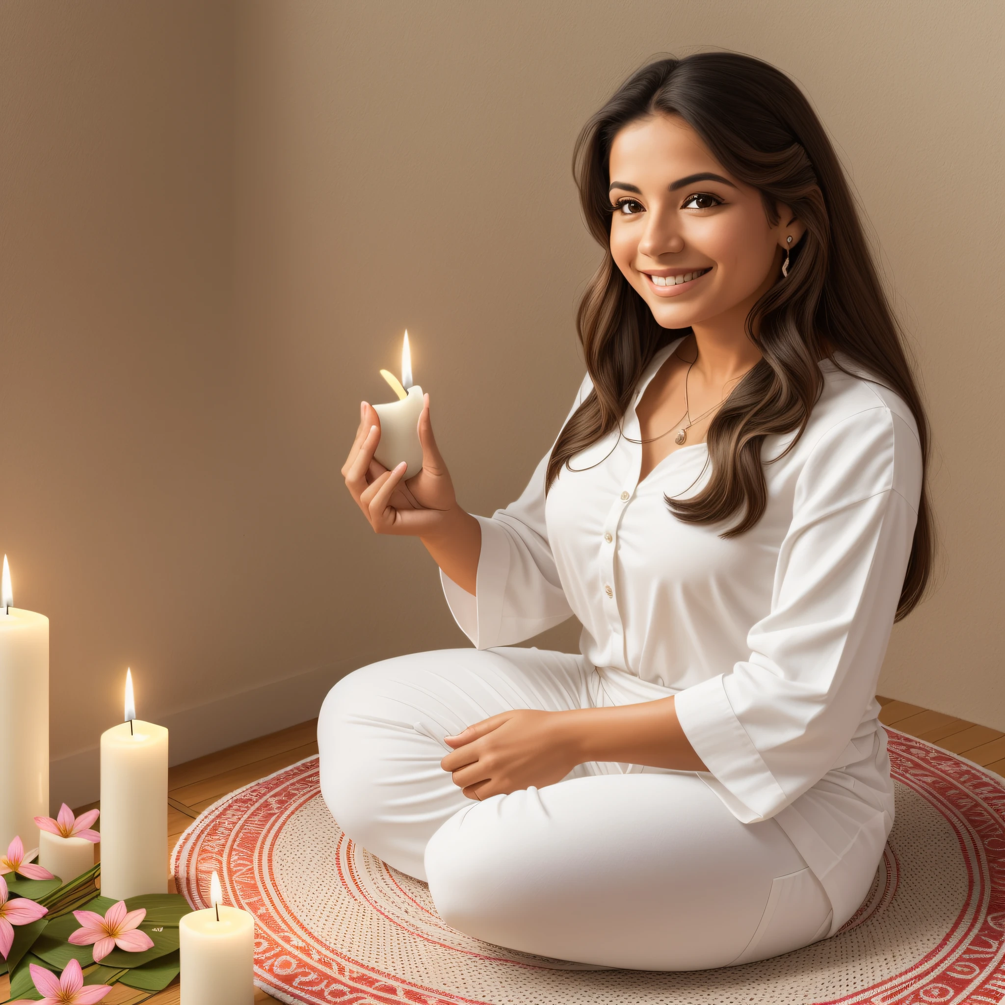 Image of a smiling Latina woman, detailed face, wearing white clothes and sitting on a meditation mat in a warm, bright room. Candles are visible around you, symbolizing peace and relaxation. Flowers are in his hands, and in the background are paintings of nature and quotes about positivity and inner well-being. --auto --s2