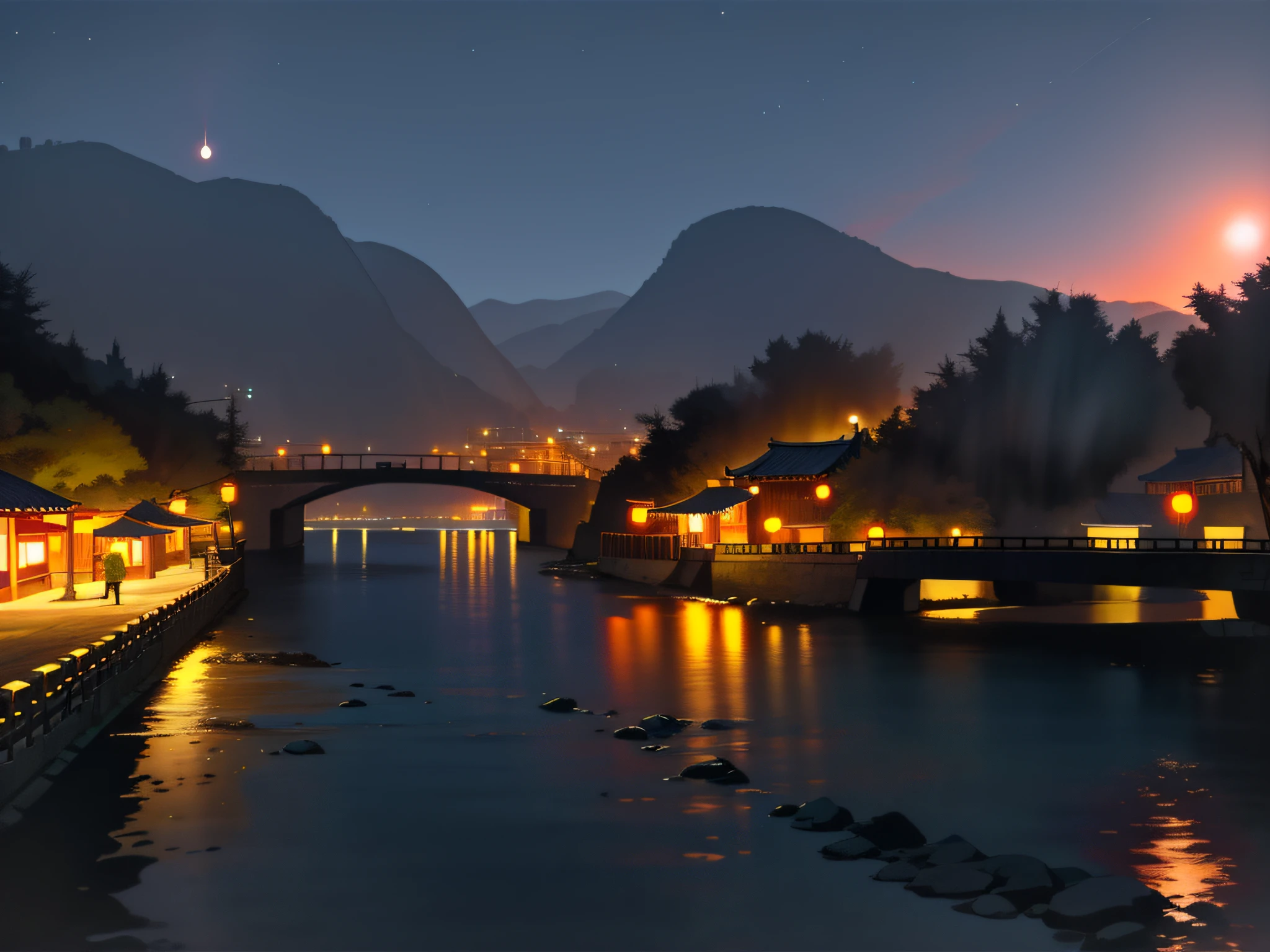 Night view of the city with bridges and rivers, scenery at night, the river is brightly lit, glowing lights at night, night view, dark night, city, fantastic Chinese town, night, overlook, realistic photos of the town, photos taken at night, photos taken at night, photos taken with lights at night, various night markets on the stone road on the left, hawkers along the street, mask lanterns, tents, candle fires, starlight