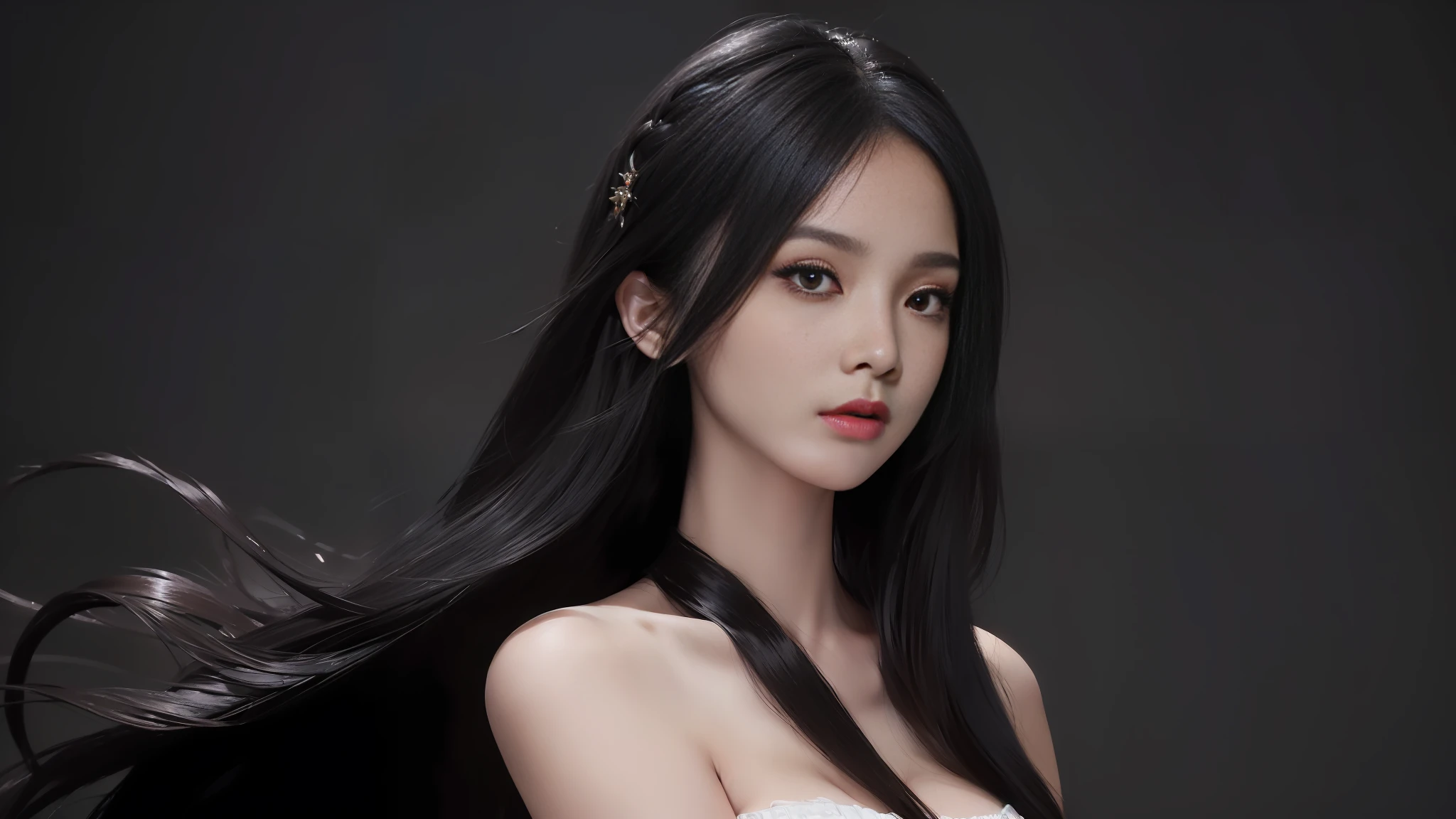 (((masterpiece+best quality+high resolution+ultra-detailed))), long silky black hair, high nose, sharp eyes, noble and inviolable temperament, (([female]: 1.2 + [beauty]: 1.2 + black long hair: 1.2)), dark and deep background, bright eyes, dynamic angle and posture.