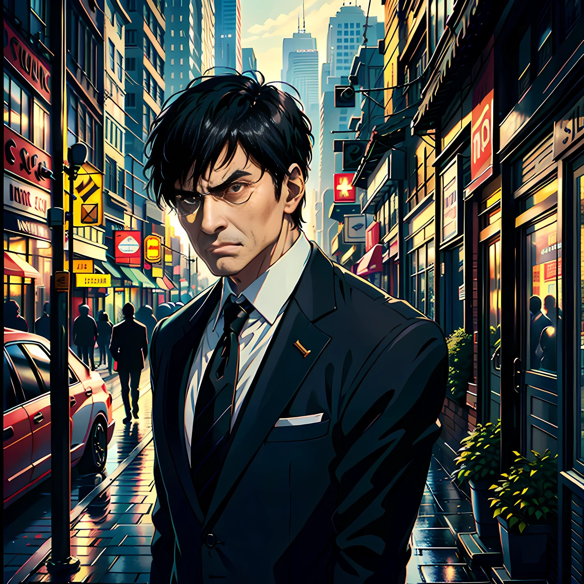 On the street, a middle-aged man is talking, his face super detailed, wearing a suit, short black hair, black eyes, some angry, super high detail, high detail, 4K, chiaroscuro, super detail