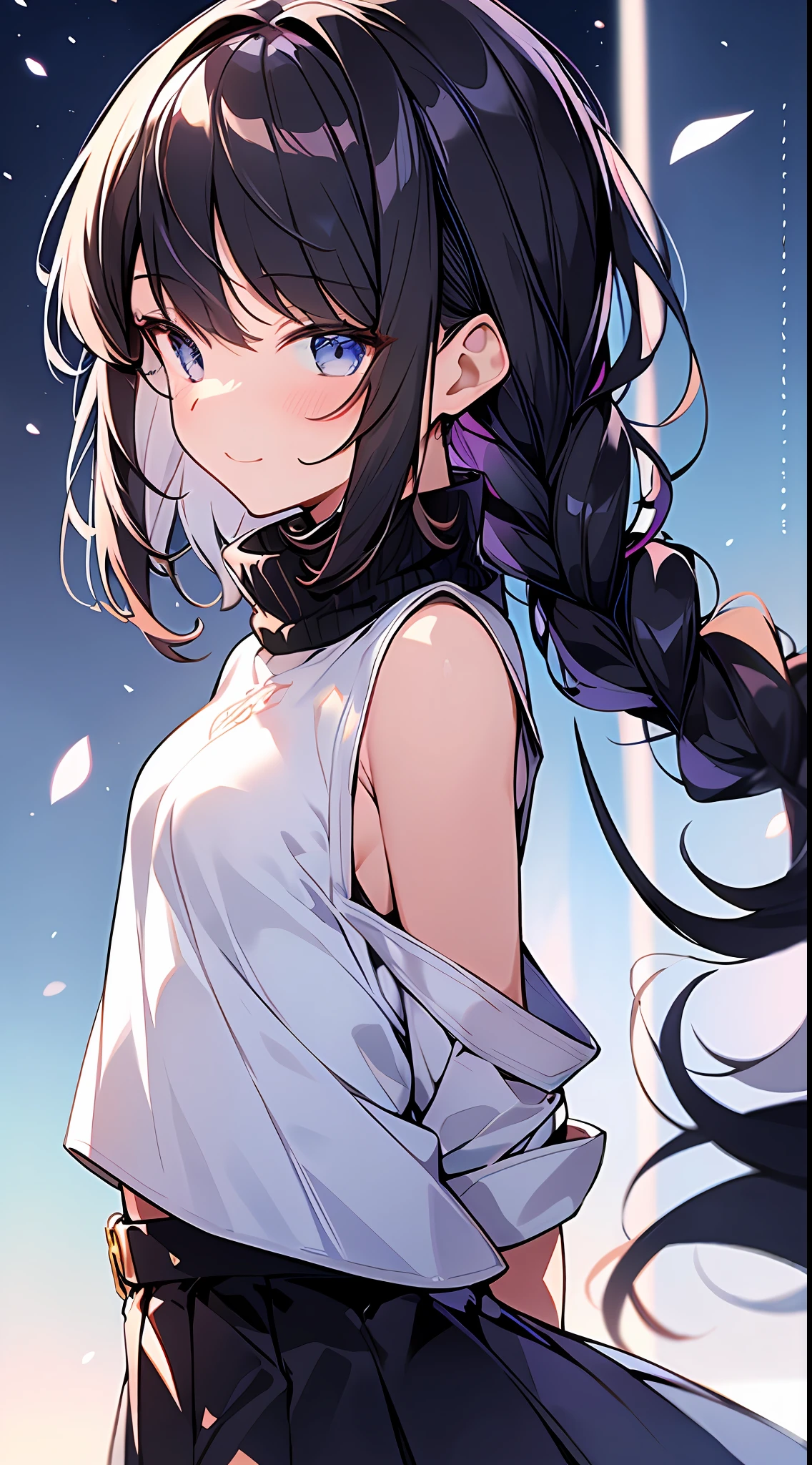Top quality, masterpiece, super high resolution, 8k, small loli in anime style with white turtleneck and white mini skirt, single, ultra-detailed line art, digital enhancement, anime core, flowing fabric, close-up, hair length to shoulder and short braid, soft drawing, hair fluttering in the wind, beautiful black hair, smile, front angle, patchy eyes, looks really weak, maximalism