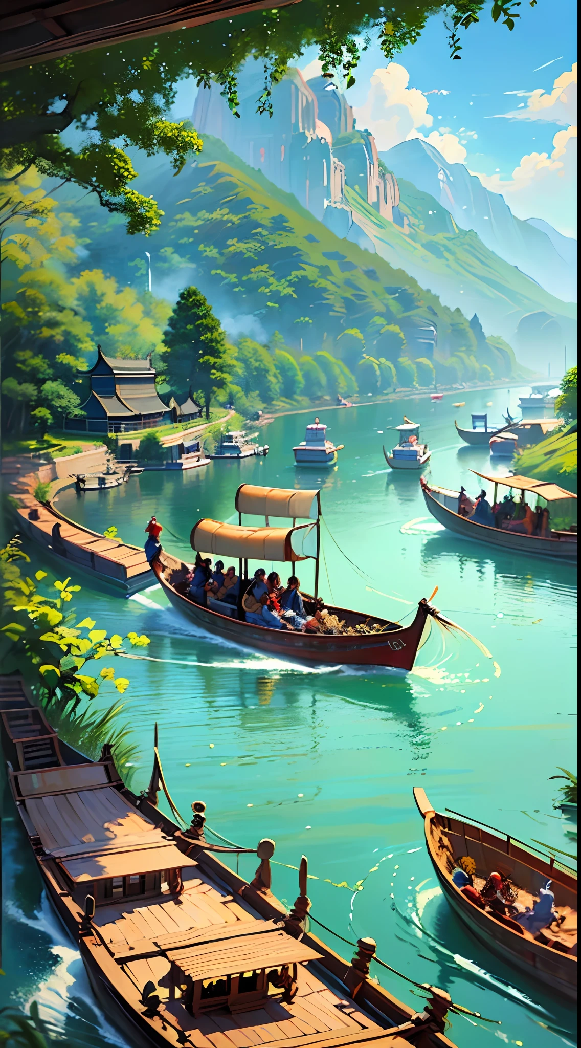 ((((traditional painting))), the highest picture quality, highly realistic, Dragon Boat Festival traditional customs, dragon boat racing scene, strong historical and cultural atmosphere, rich scene details, (1 fleet), dragon boat shape details realistic, the characters riding the dragon boat have exquisite facial features, lifelike, (sky blue water), dragon boat division is sharp, surfing waves, swinging heart, the scene on both sides of the Yangtze River, summer atmosphere is fully immersed in it.