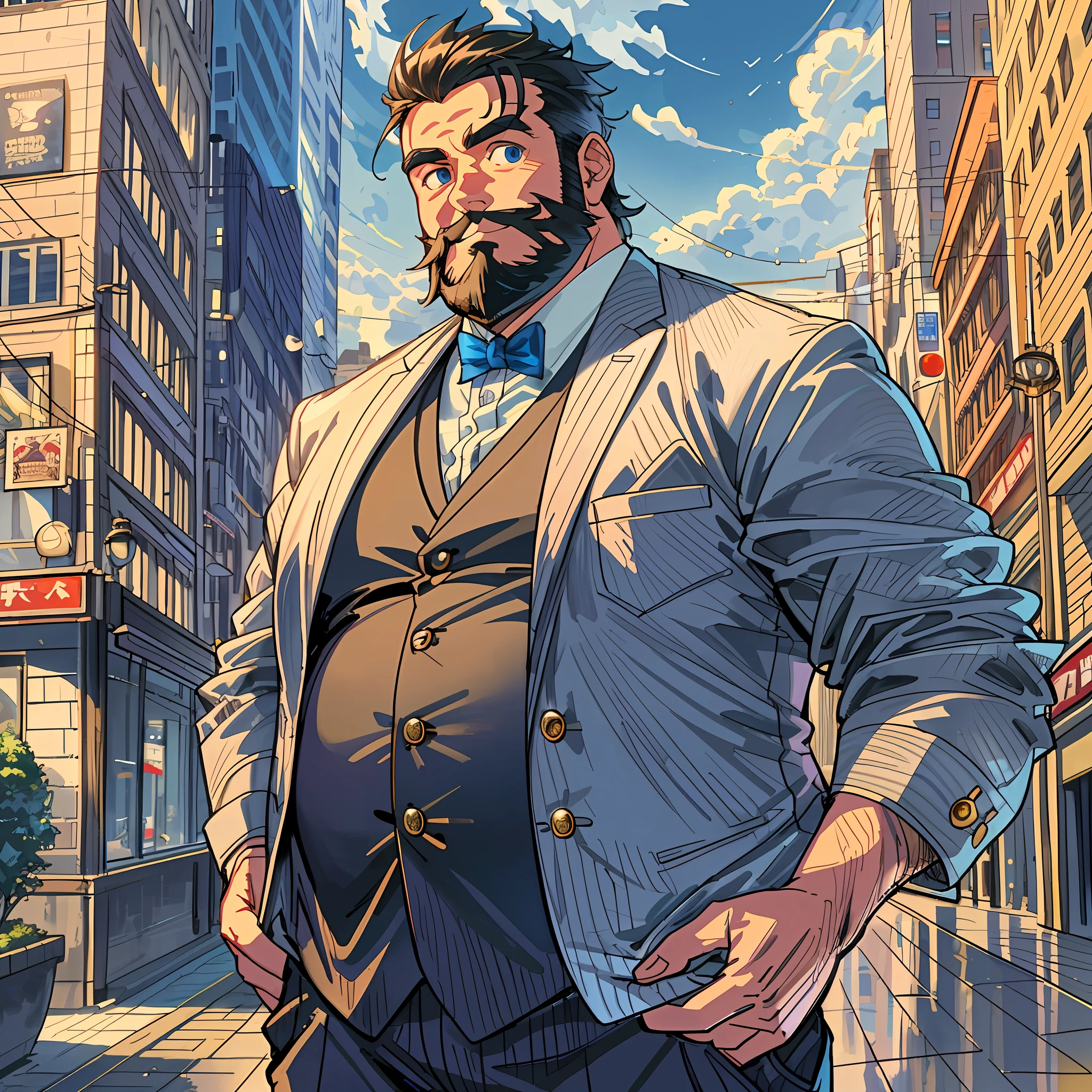 High image quality, other world, slightly fat and square face, handsome uncle, rich, traveler, handsome and neat beard, slightly fat and muscular, in the city, hopeful blue eyes, smile, sophisticated, mature and steady, amiable, warm expression, cold tone, shooting angle directly opposite his face + extremely detailed face