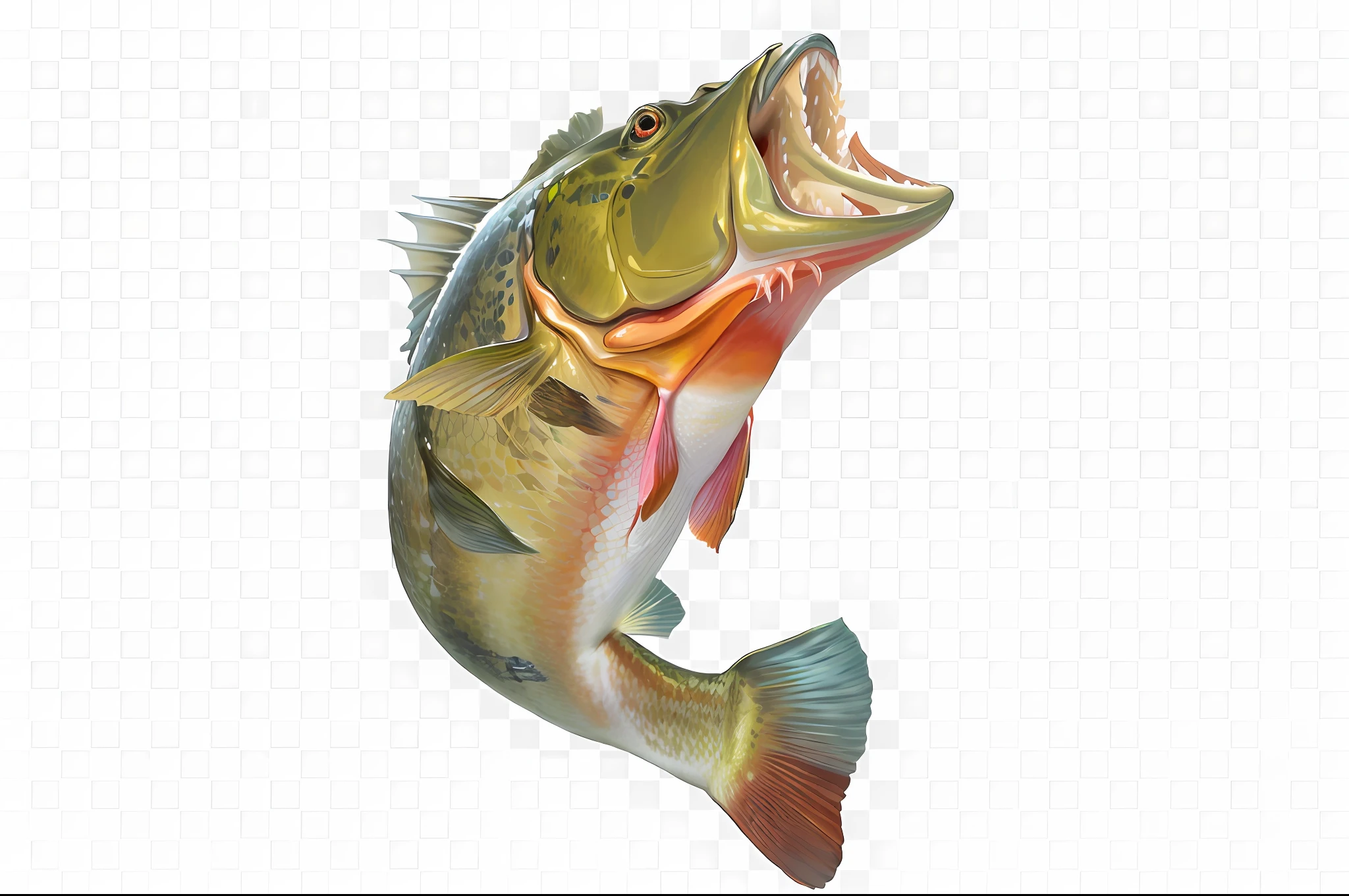 A closeup of a fish with its mouth open and mouth wide open, Big bass fishing, HD illustration, Fish in the background, Realistic illustration, Big mouth, On lake background, high quality realistic, highly detailed realistic, photoreal", high detail illustration, detailed photorealistic, high quality 3D realistic, high quality detailed, highly detailed realistic, highly detailed backmouth