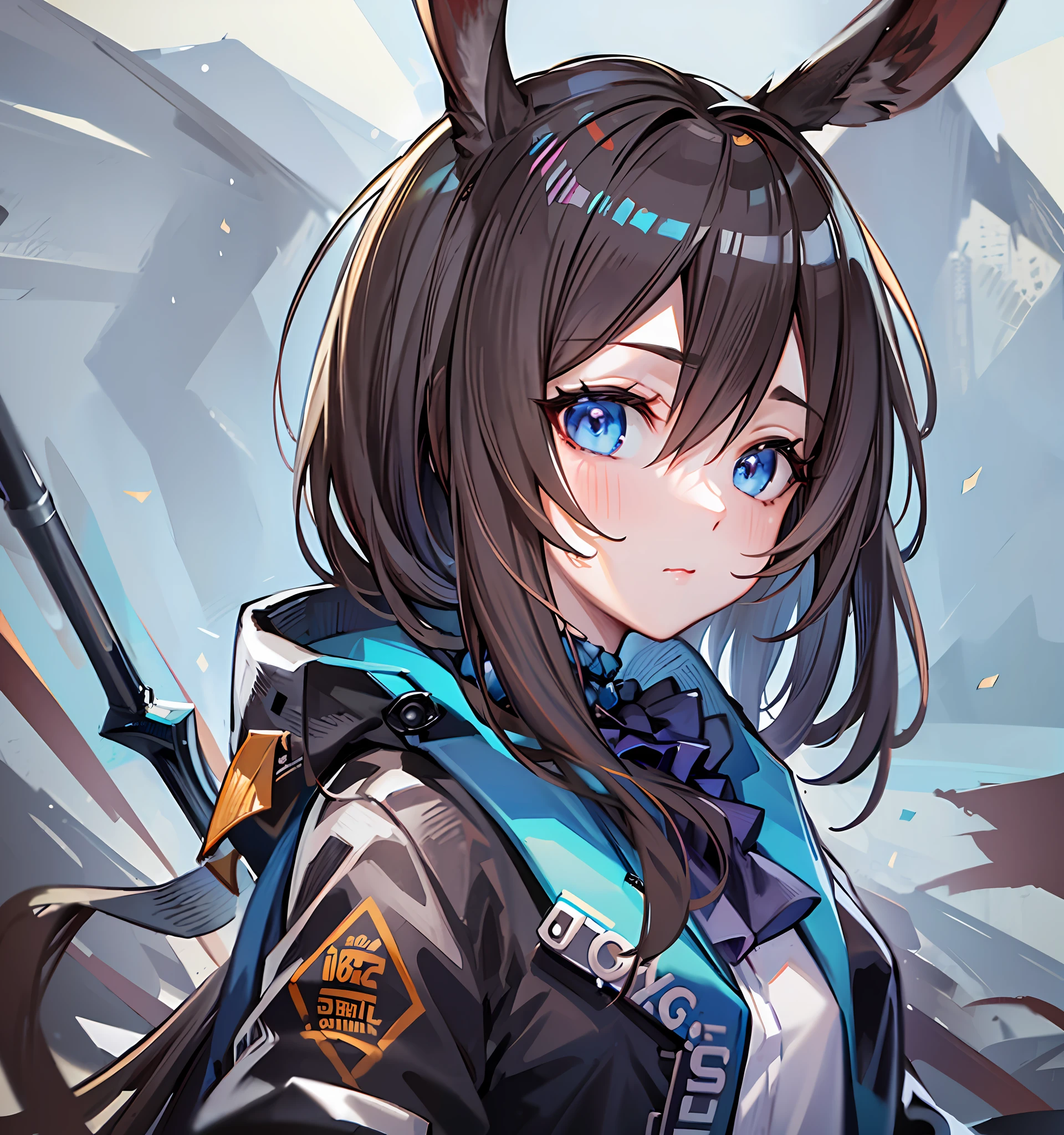 (Masterpiece, the best quality, Ultra-fine, Ultra Detailed, 8k wallpapers), Game CG illustration, solo, A GIRL, Flowing hair, Rabbit ears, angry face, Holding a black staff, short hair, Open coat, Black combat uniform, fully body, high detail, film grain, close-up, UHD, masterpiece, anatomically correct, super detail, high details, high quality, highres, best quality, 1080P