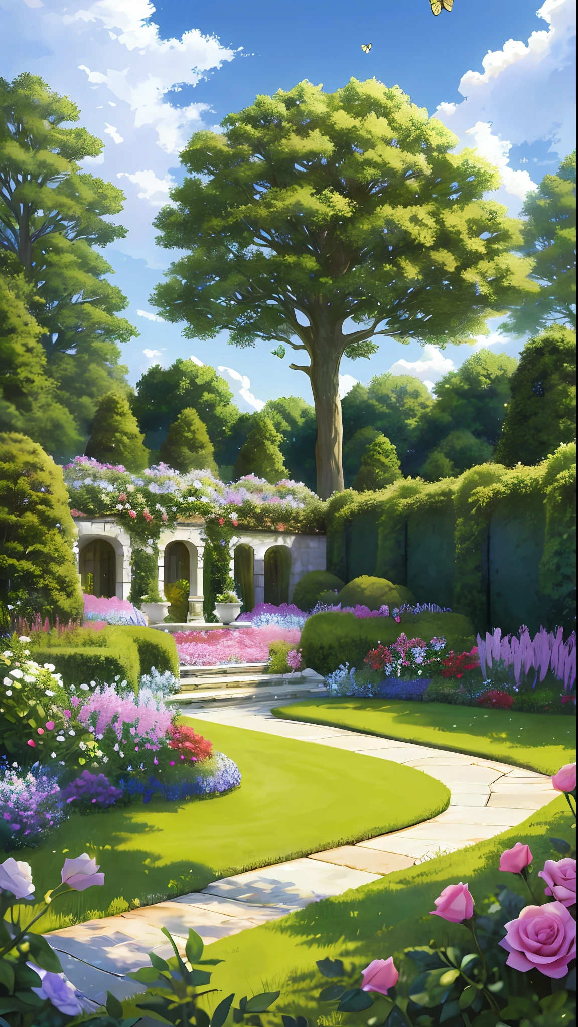 Masterpiece, best quality, no humans, castle garden, trees, summer, flowers, bushes, roses, clouds, sky, stone path, big tree, bees, butterflies, hyperrealistic, detailed background, depth of field, rimlighting, specular highlights, bloom, atmospheric lighting