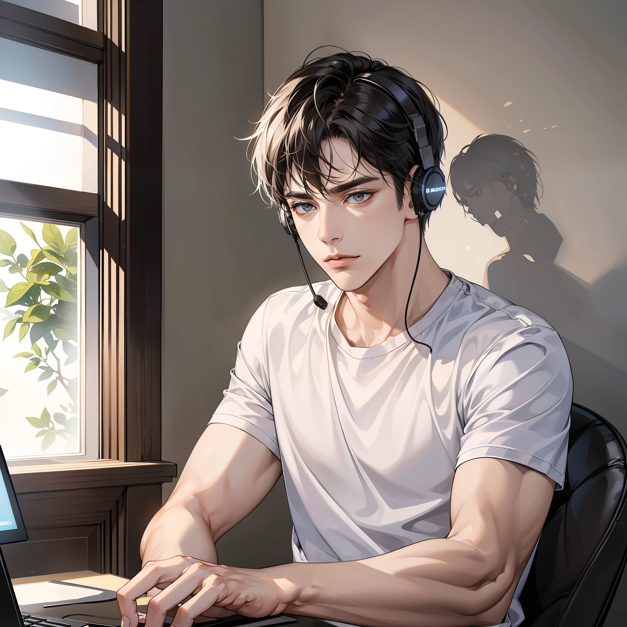 Masterpiece, high quality, best quality, HD, realistic, perfect lighting, detailed face, detailed body, 1 man, short black hair, white t-shirt, (calm expression: 1.5) (indifferent face: 1.5), wearing headphones, sitting in front of computer screen, room