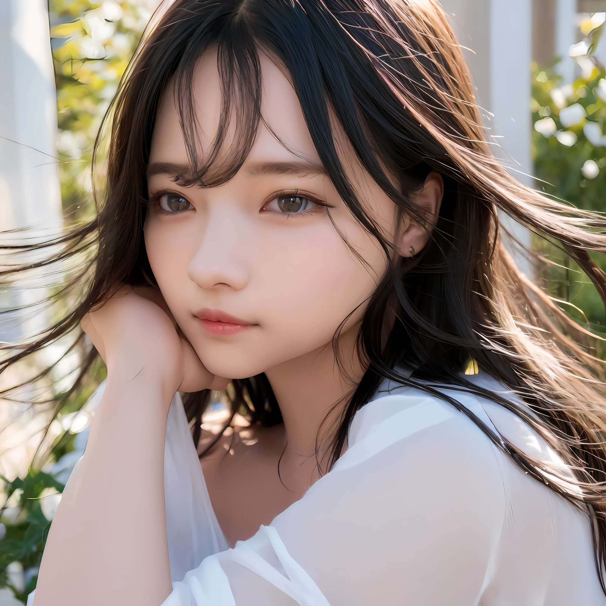 8K, Best Quality, 1girl, (skindentation), Small breasts, Morning, (Bright), Blurred background, Outdoors, (Street:0.6), (People), Crowd, Braided bangs, Blouse, Gorgeous, Floating hair, (Dynamic Pause: 0.6), Soft lighting, Attractive, Wind, Garden, Sunlight, White light, (Closed Mouth:1.2, Beautiful Eyes, Detailed Eyes, Detailed Iris, Beautiful Lips, beautiful nose, beautiful face),