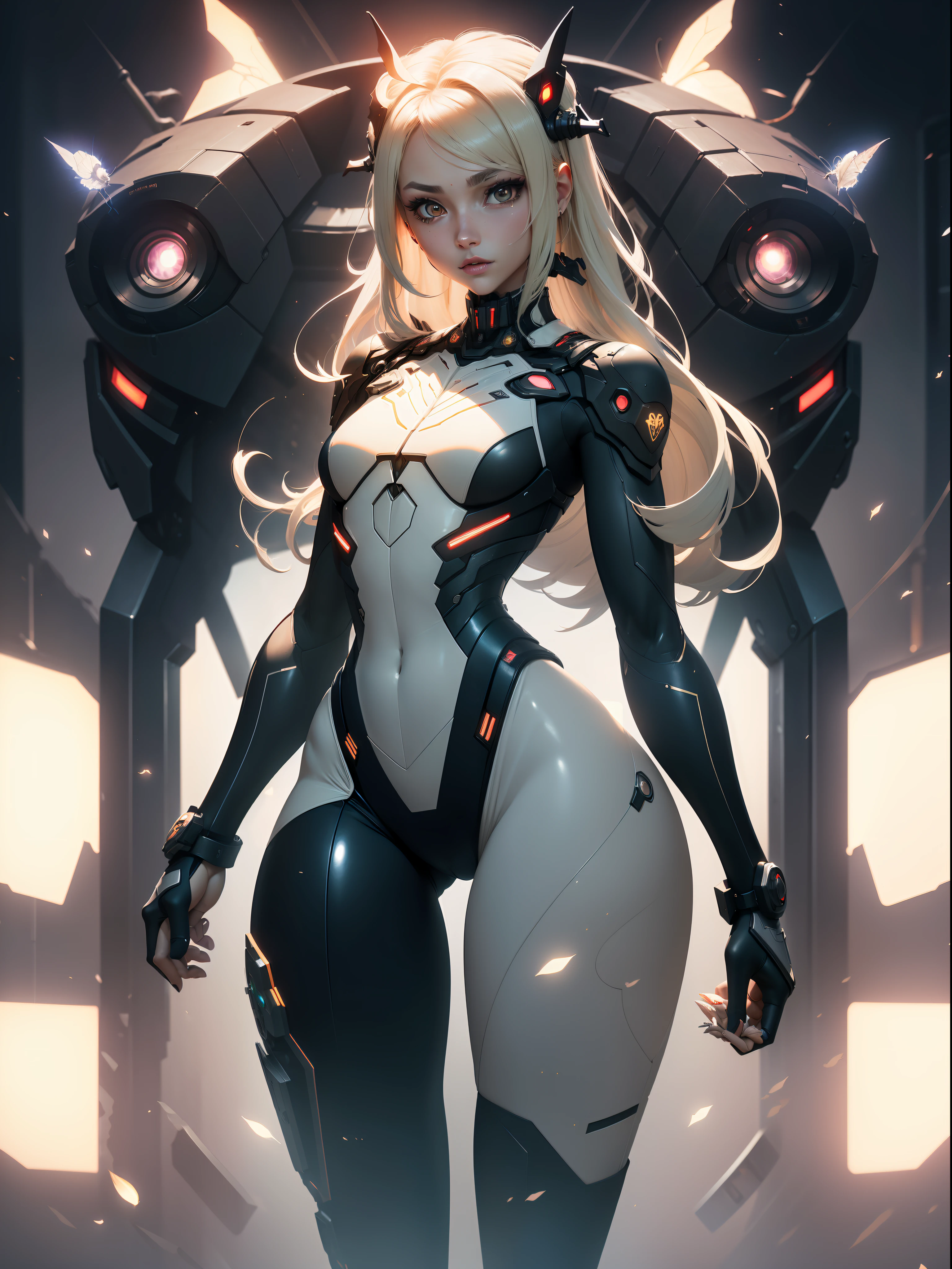 ((Best quality)), ((masterpiece)), (detailed: 1.4), (Absurd), paper, colorful line art, perfect face, skinny mechanical girl doing maintenance on a robot, shiny, sweaty tanned skin, defined muscular sculptural body, (((full body))), half-thick bare thighs, closed mouth, muscular body persimmon fabric mechanics overalls open to the navel, generous neckline, ((perfect small breasts)), (((totally khaki clothing)),  (((ivory hair with moth)))), long eyelashes and black heavy makeup, (((niji style --V5)))), near real, psychopathic, crazy face, sexy pose, technological background giant robot repair station, jaggers, 2 piece clothing, centralized, scale to fit dimensions, HDR (High Dynamic Range),Ray Tracing,NVIDIA RTX,Super-Resolution,Unreal 5,Subsurface dispersion, PBR texture, Post-processing,  Anisotropic filtering, Depth of field, Maximum clarity and sharpness, Multilayer textures, Albedo and specular maps, Surface shading, Accurate simulation of light-material interaction, Perfect proportions, Octane Render, Two-tone lighting, Wide aperture, Low ISO, White balance, Rule of thirds, 8K RAW, crysisnanosuit