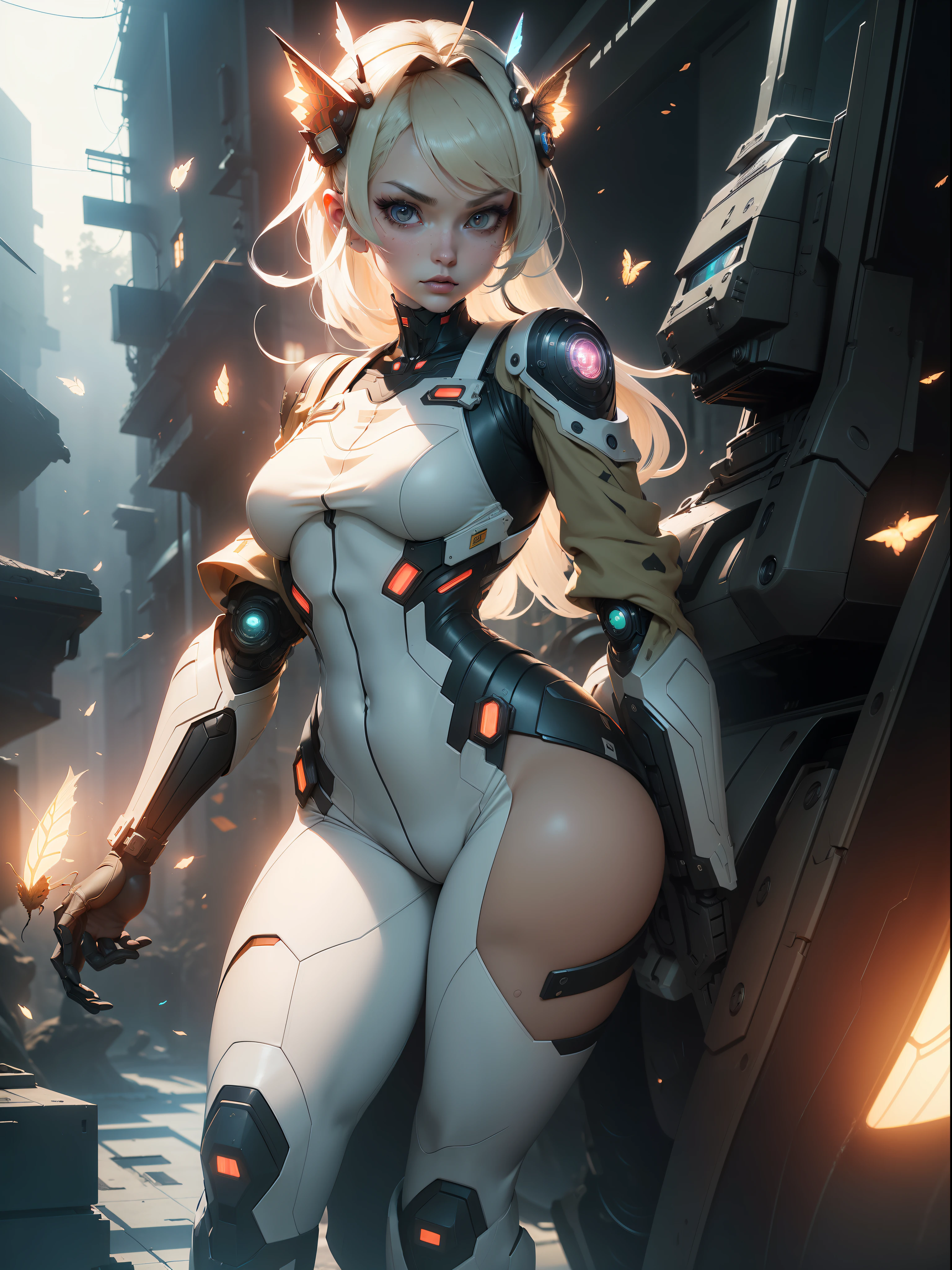 ((Best quality)), ((masterpiece)), (detailed: 1.4), (Absurd), paper, colorful line art, perfect face, skinny mechanical girl doing maintenance on a robot, shiny, sweaty tanned skin, defined muscular sculptural body, (((full body))), half-thick bare thighs, closed mouth, muscular body persimmon fabric mechanics overalls open to the navel, generous neckline, ((perfect small breasts)), (((totally khaki clothing)), (((ivory hair with moth)))), long eyelashes and black heavy makeup, (((niji style --V5)))), near real, psychopathic, crazy face, sexy pose, technological background giant robot repair station, jaggers, 2 piece clothing, centralized, scale to fit dimensions, HDR (High Dynamic Range),Ray Tracing,NVIDIA RTX,Super-Resolution,Unreal 5,Subsurface dispersion, PBR texture, Post-processing, Anisotropic filtering, Depth of field, Maximum clarity and sharpness, Multilayer textures, Albedo and specular maps, Surface shading, Accurate simulation of light-material interaction, Perfect proportions, Octane Render, Two-tone lighting, Wide aperture, Low ISO, White balance, Rule of thirds, 8K RAW, crysisnanosuit