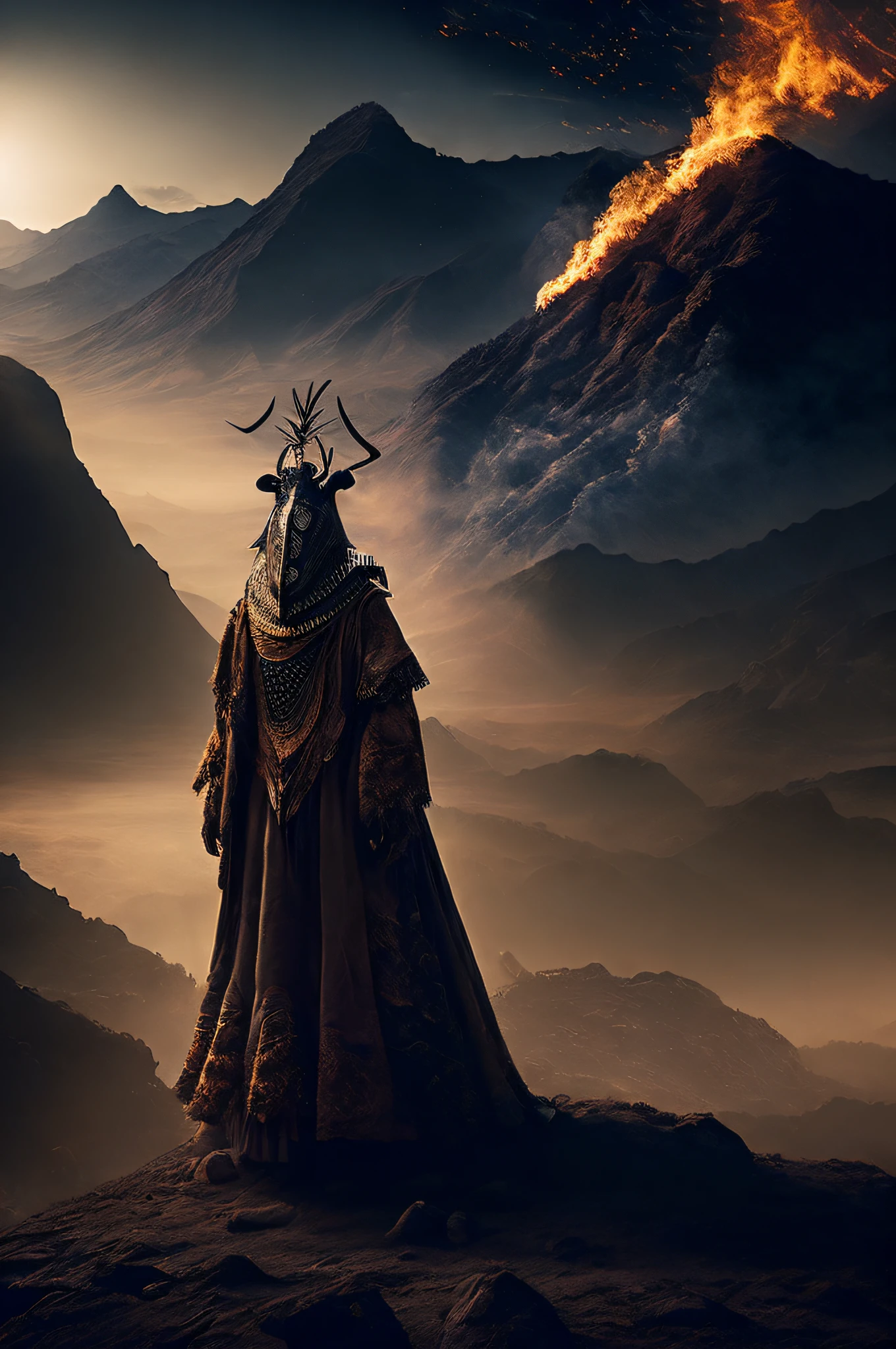 The scene is atmospheric and open, ancient sacrificial pictures, smoky and engulfing, animals in human clothes dancing sacrifices, (detailed costume details, detailed clothing light sense), faint and faint, detailed animal hair glowing sense, cumbersome and complex picture feeling, (full of weird and mysterious pictures), the background is hazy open and weird mountains, complex mountains, photorealistic, 8k,