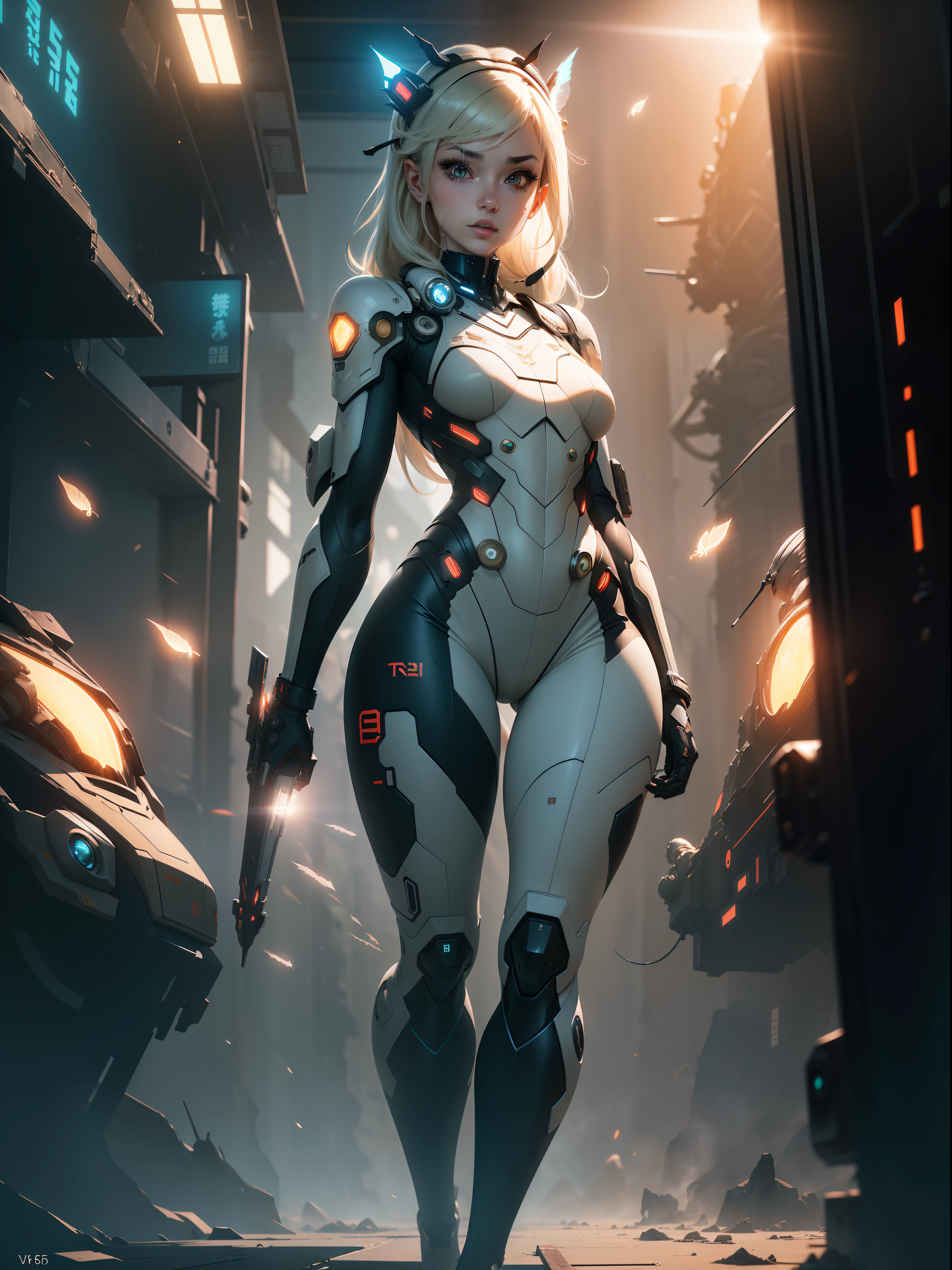 ((Best quality)), ((masterpiece)), (detailed: 1.4), (Absurd), paper, colorful line art, perfect face, skinny mechanical girl doing maintenance on a robot, shiny, sweaty tanned skin, defined muscular sculptural body, (((full body))), half-thick bare thighs, closed mouth, muscular body persimmon fabric mechanics overalls open to the navel, generous neckline, ((perfect small breasts)), (((totally khaki clothing)),  (((ivory hair with moth)))), long eyelashes and black heavy makeup, (((niji style --V5)))), near real, psychopathic, crazy face, sexy pose, technological background giant robot repair station, jaggers, 2 piece clothing, centralized, scale to fit dimensions, HDR (High Dynamic Range),Ray Tracing,NVIDIA RTX,Super-Resolution,Unreal 5,Subsurface dispersion, PBR texture, Post-processing,  Anisotropic filtering, Depth of field, Maximum clarity and sharpness, Multilayer textures, Albedo and specular maps, Surface shading, Accurate simulation of light-material interaction, Perfect proportions, Octane Render, Two-tone lighting, Wide aperture, Low ISO, White balance, Rule of thirds, 8K RAW, crysisnanosuit