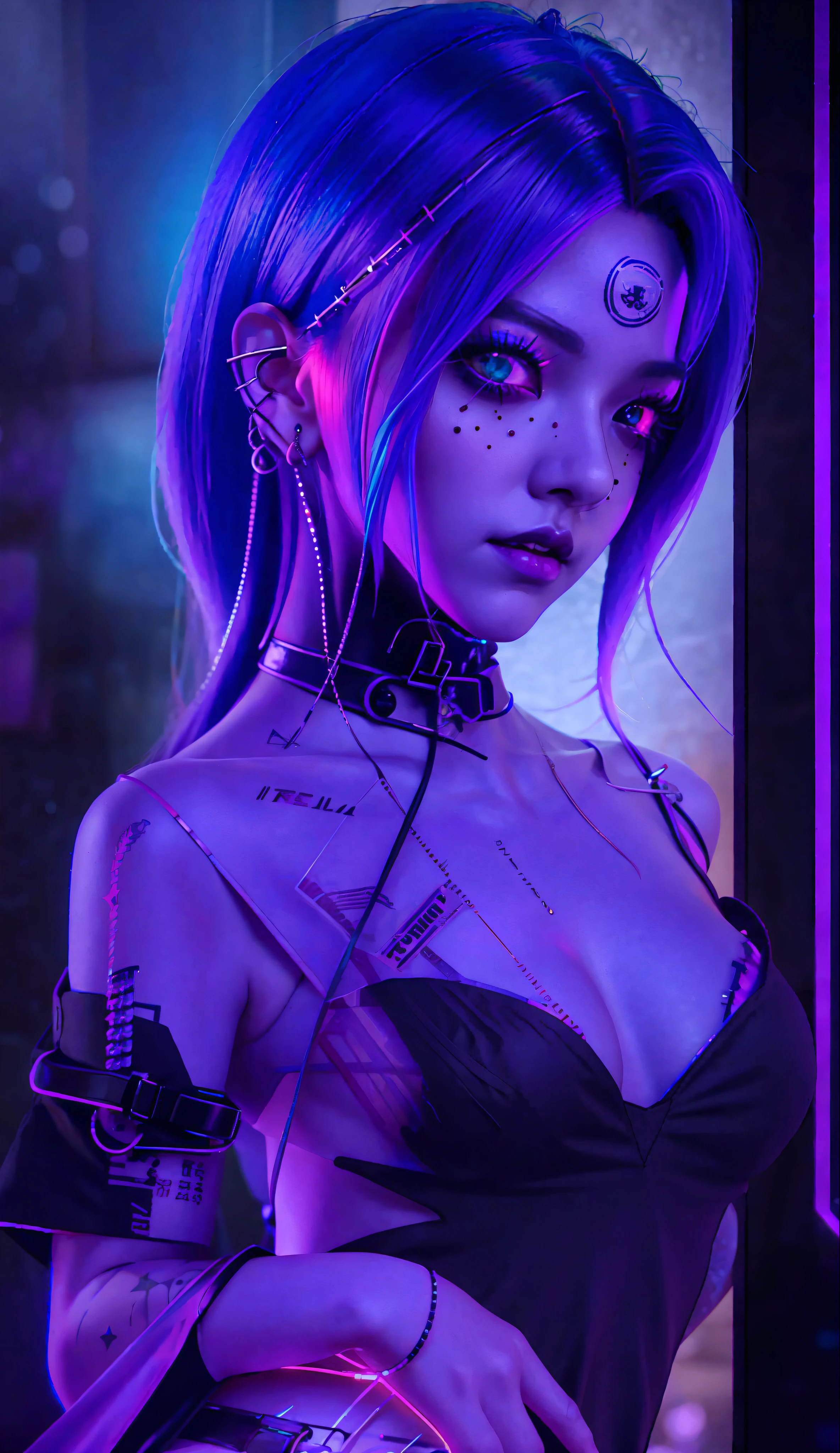 a close up of a woman with a tattoo on her arm, goth girl aesthetic, goth aesthetic, 1 7 - year - old anime goth girl, jet black haired cyberpunk girl, dark purple hair and cybernetics, female cyberpunk anime girl, artwork in the style of guweiz, gothic - cyberpunk, gothic aesthetic, cyberpunk anime girl, aesthetic cyberpunk