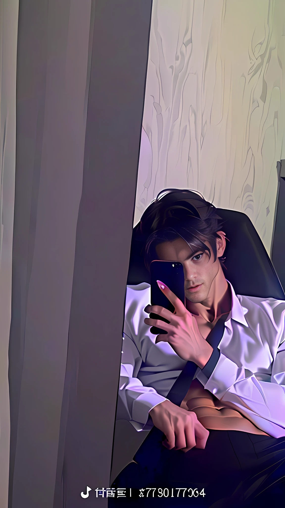 Handsome guy with cat ears, abs, shirtless, lying on a chair with a mobile phone in his hand, a bell around his neck, large bulge