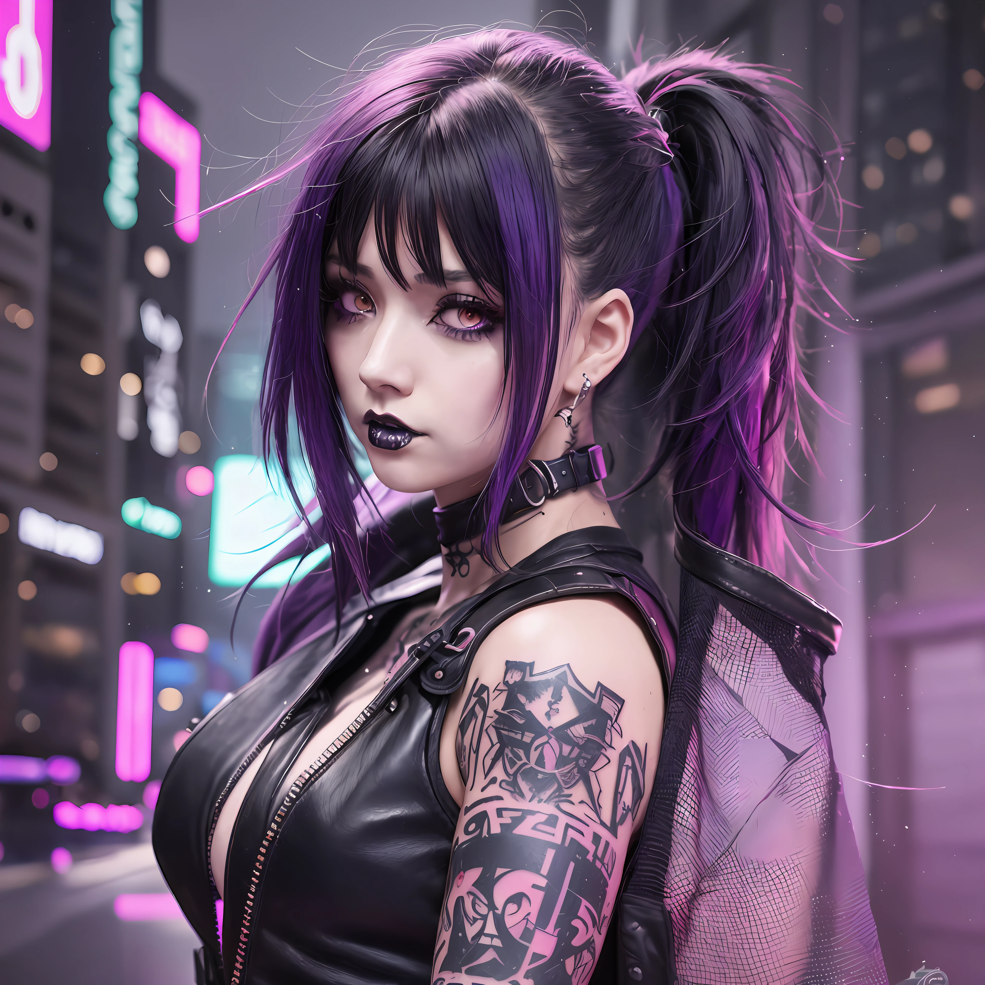 a close up of a woman with a tattoo on her arm, goth girl aesthetic, goth aesthetic, 1 7 - year - old anime goth girl, jet black haired cyberpunk girl, dark purple hair and cybernetics, female cyberpunk anime girl, artwork in the style of guweiz, gothic - cyberpunk, gothic aesthetic, cyberpunk anime girl, aesthetic cyberpunk