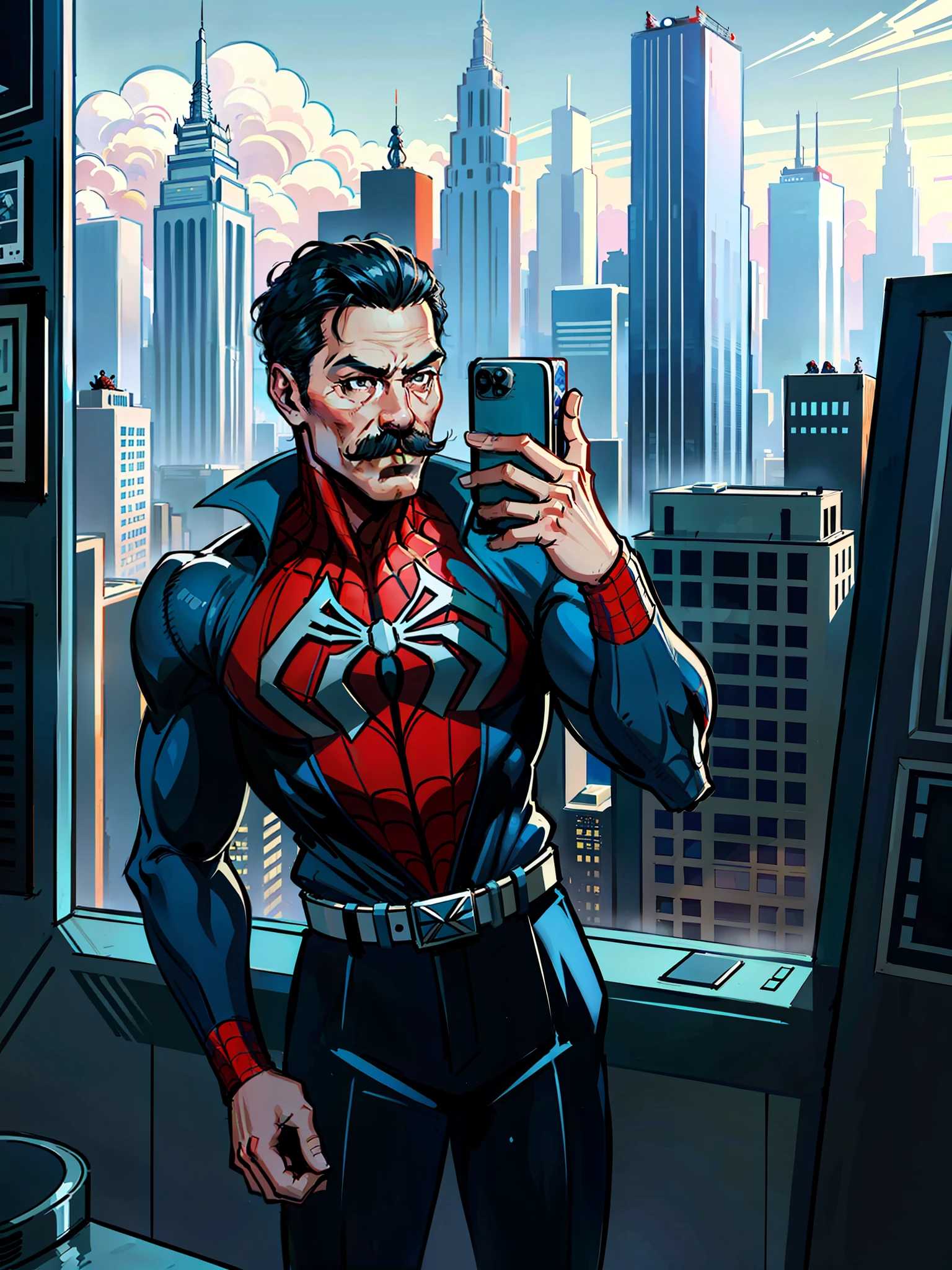 Beautifully illustrated scene of Spider-Man standing in an iconic skyscraper, showing face, mustache, wearing suit contemplating the breathtaking beauty of the modern and polished city below. A remarkable, stylized portrayal of a nefarious villain. by J. Scott Campbell and Jim Lee highly detailed and dynamic