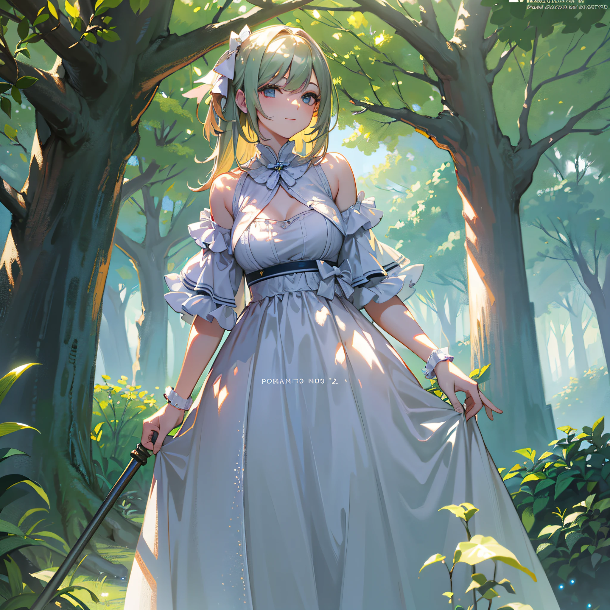 Best Quality, Masterpiece, High Resolution, 1Girl, Smiley, Long Dress, Tree, Hand on Tree, Tyndall Effect, Realistic, Edge Lighting, Two-tone Lighting, (High Detail Skin: 1.2), 8K UHD, DSLR, Soft Light, High Quality, Volumetric Light, Voyeur, Photo, High Resolution, 4K, 8K, Bokeh,