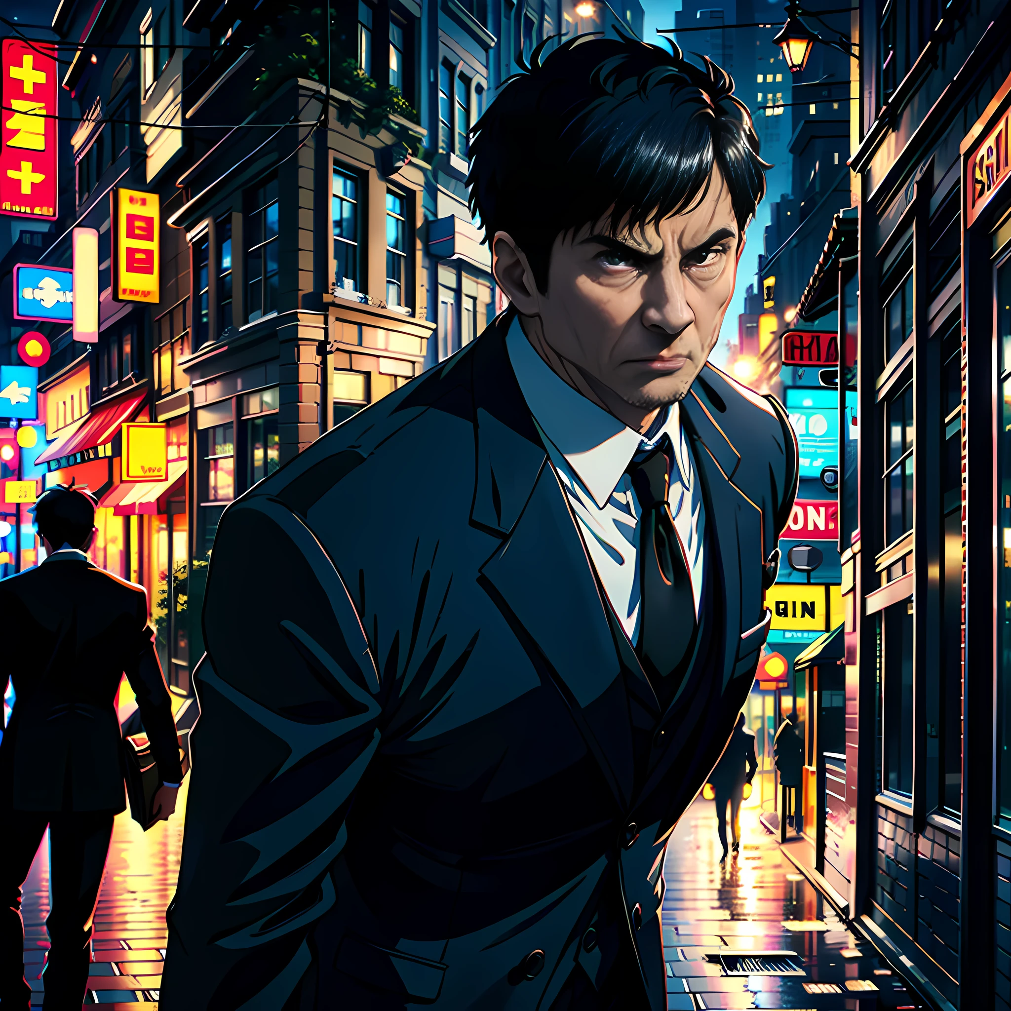 On the street, a middle-aged man is talking, his face super detailed, wearing a suit, short black hair, black eyes, some angry, super high detail, high detail, 4K, chiaroscuro, super detail
