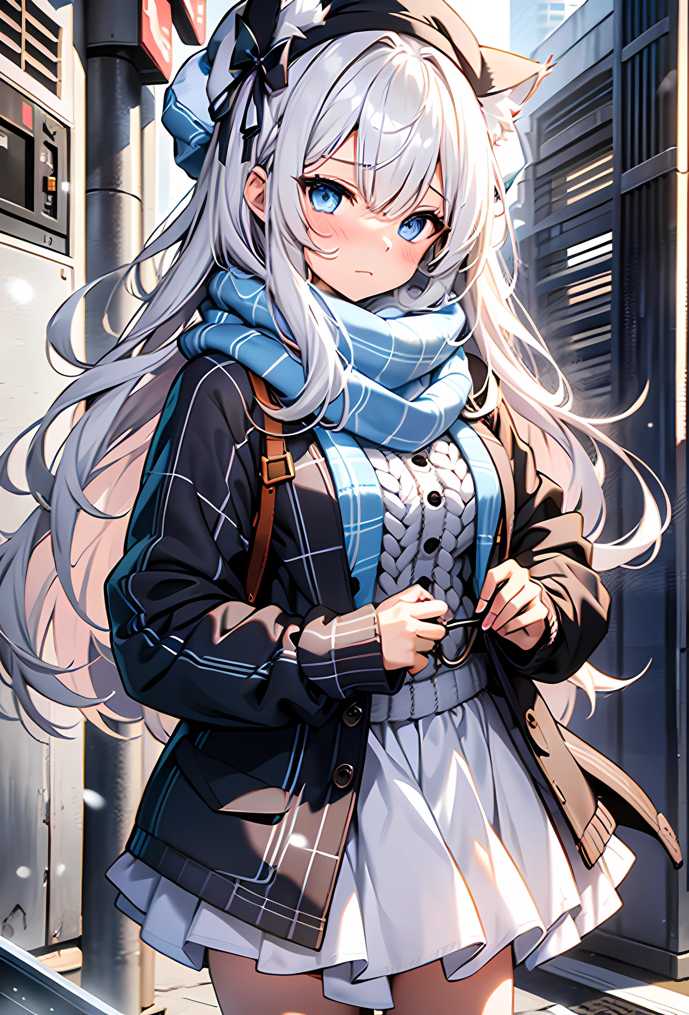 1girl, perfect face, white silver long hair, curly hair(light), cat ears, blue eyes, blushing, blank expression, white beret, checkered white and blue scarf, winter knitted fleece shirt, white skirt, knee length white socks, black sandals