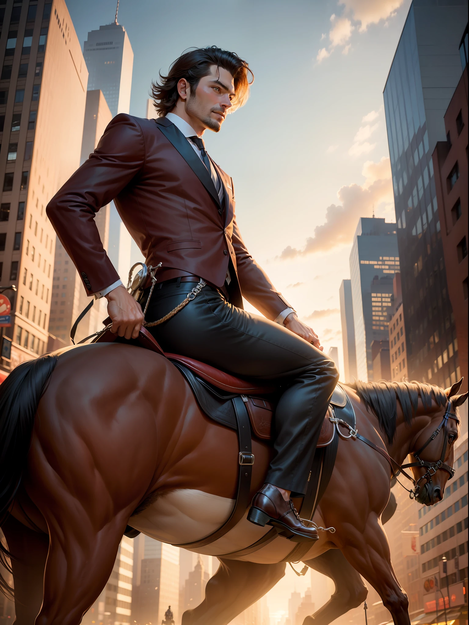 (detailed description) (best quality) the man riding a horse in New York