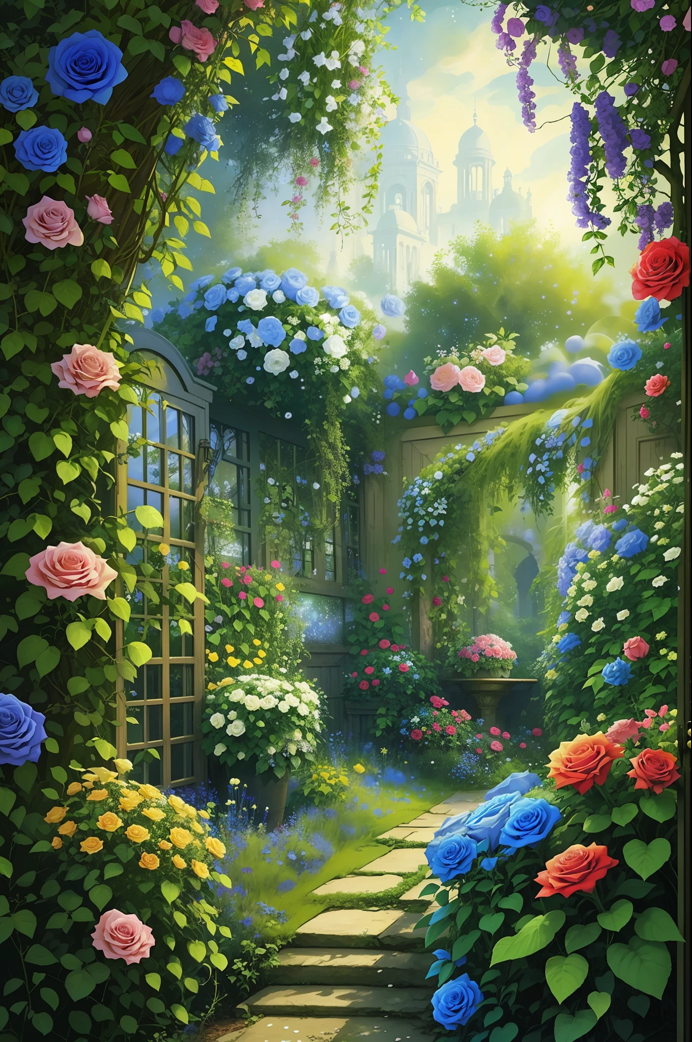 secret garden, lush, floral, rose, botanical, romanticism, moody, space, stars, nebula