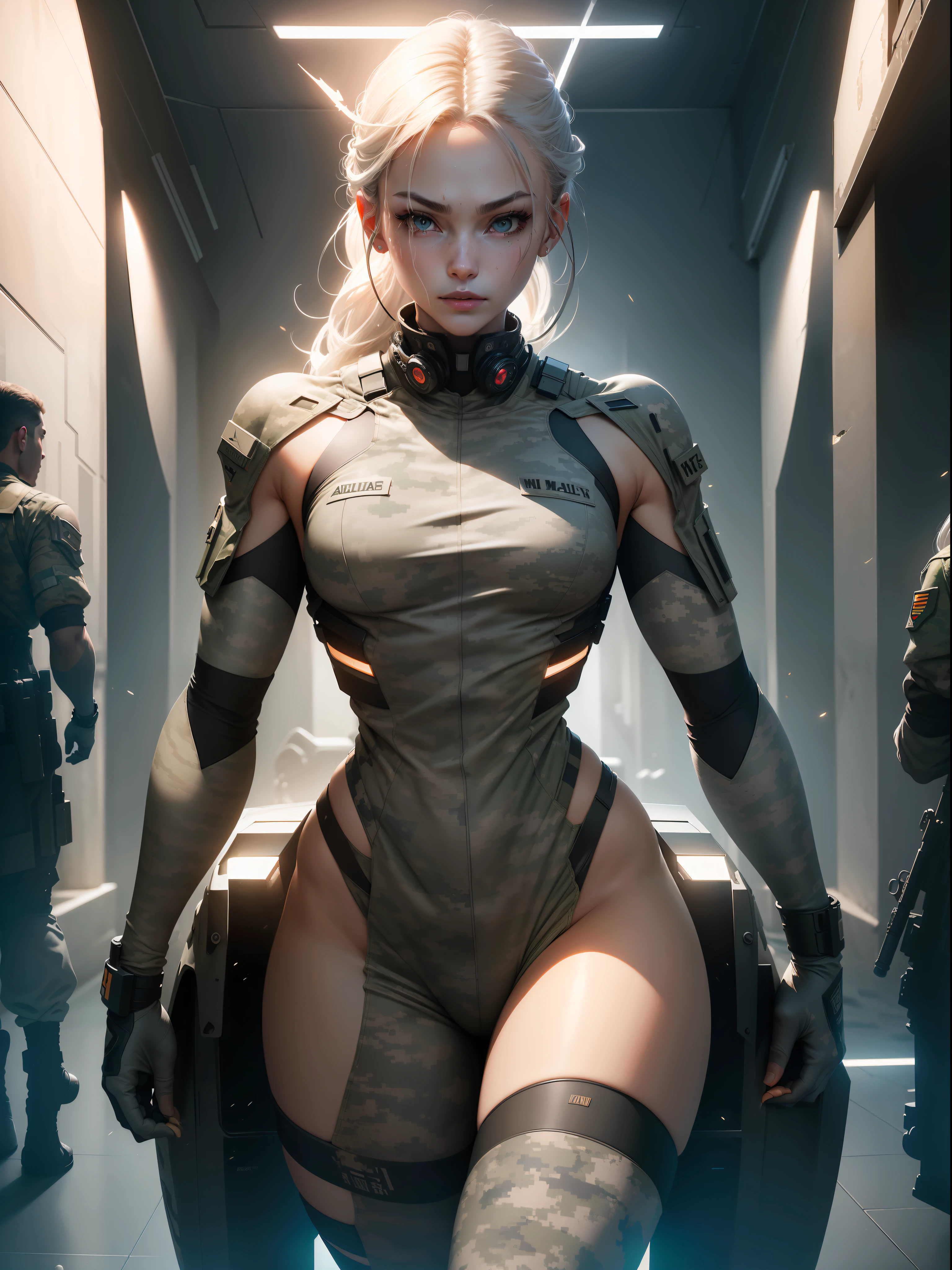 (((Military camouflaged pattern))), ((Best quality)), ((masterpiece)), (detailed: 1.4), (Absurd), paper, colorful line art, perfect face, girl, technological mask with oozy painting of a white skull, graffitti , shiny tanned skin, sweaty, muscular sculptural body defined, (((whole body))), half thick naked thighs, closed mouth, muscular body camouflaged fabric mechanics overalls and silver open to the navel, generous neckline, ((perfect small breasts)), ((fully camouflaged khaki clothing)), (((ivory hair with moth))), long eyelashes and black heavy makeup, (((niji style --V5)))), close to real, psychopathic, crazy face, sexy pose, technological background giant robot repair station, jaggers, 2 pieces clothing, centralized, scale to fit dimensions, HDR (High Dynamic Range),Ray Tracing,NVIDIA RTX, Super-Resolution,Unreal 5,Subsurface Dispersion, PBR Texture, Post-processing, Anisotropic Filtering, Depth of Field, Maximum Clarity and Sharpness, Multilayer Textures, Albedo and Specular Maps, Surface Shading, Accurate Simulation of Light-Material Interaction, Perfect Proportions, Octane Render, Two-Tone Lighting, Wide Aperture, Low ISO, White Balance, Rule of Thirds, 8K RAW, Crysisnanosuit
