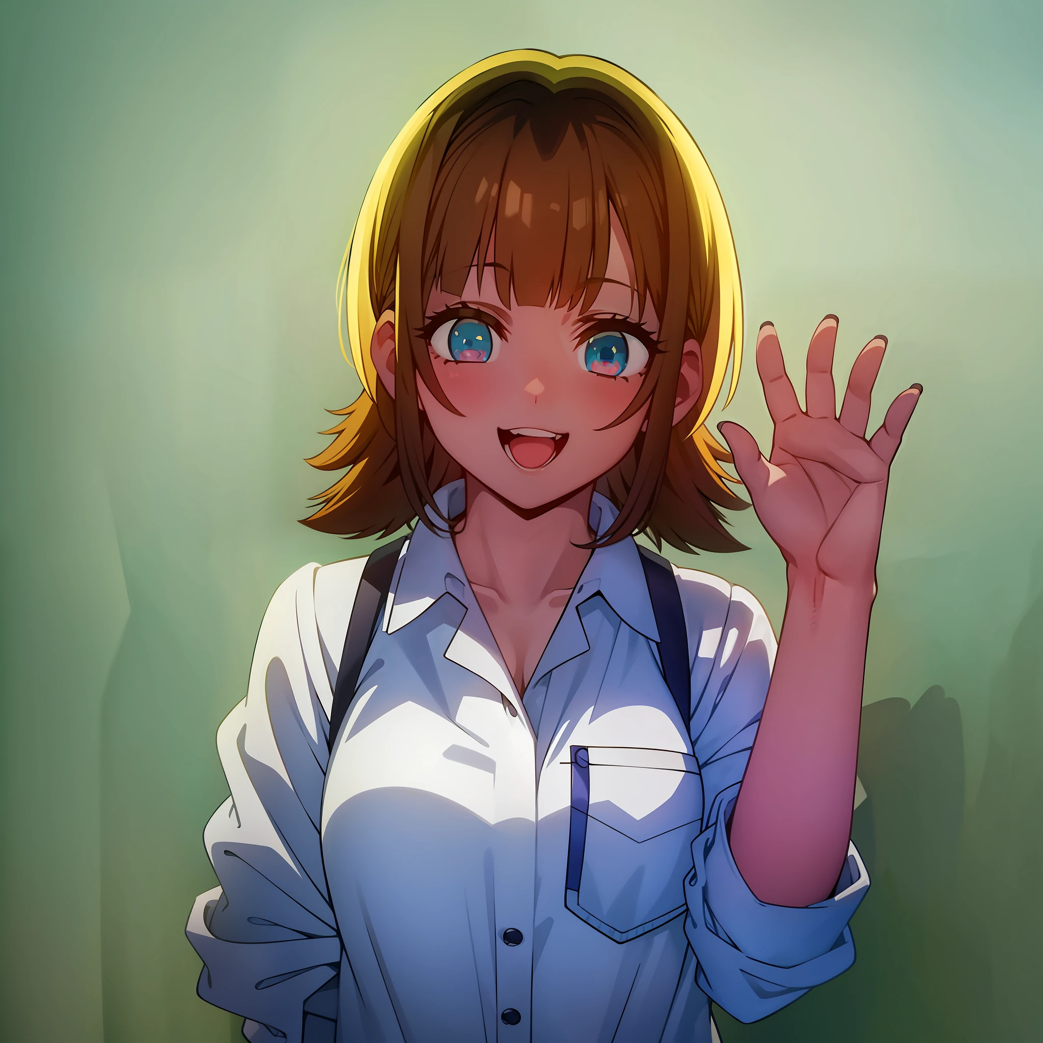 1 Girl, Solo, White Collar Shirt, Smile, Simple Background, ???????, Upper Body, Watching, Sologue, Waving (Masterpiece, Best Quality, High Definition), Favorite Child, MEM,